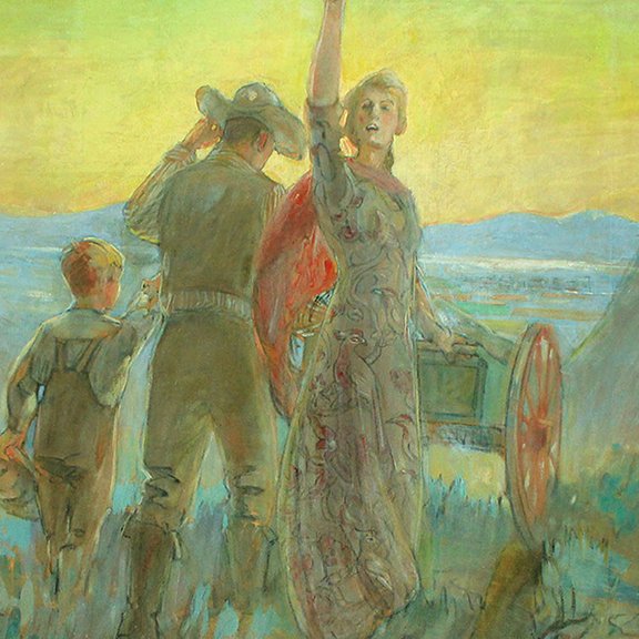 Minerva Teichert art Shouting Hosanna Zion ho depicting Mormon pioneers entering the Salt Lake Valley LDS art