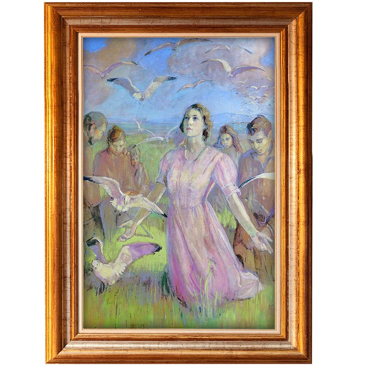 framed Minerva Teichert art Miracle of the Gulls from Mormon history and seagulls in the salt lake valley