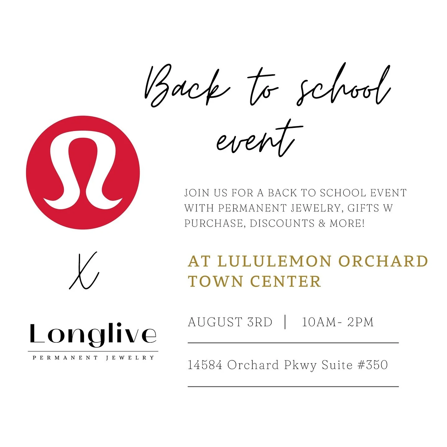 Can&rsquo;t believe back to school is right around the corner📚✏️📆

Mark your calendars for a special back to school event at Lululemon in Orchard Town Center in Westminster on August 3rd. Lululemon will be offering gifts with purchase, discounts an