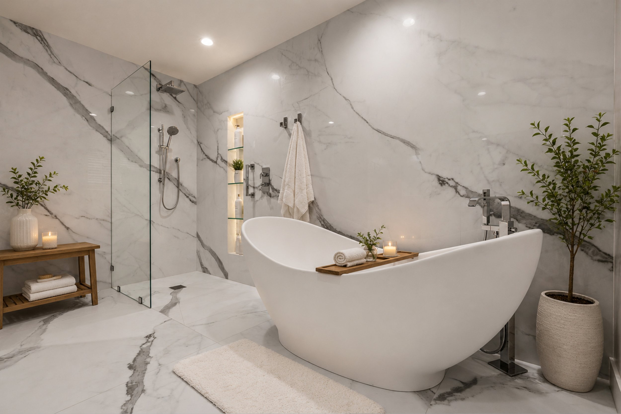A modern bathroom with a white freestanding bathtub, marble walls and floors, and a glass-enclosed shower area. There are green plants, candles, and towels for decoration, creating a serene atmosphere.