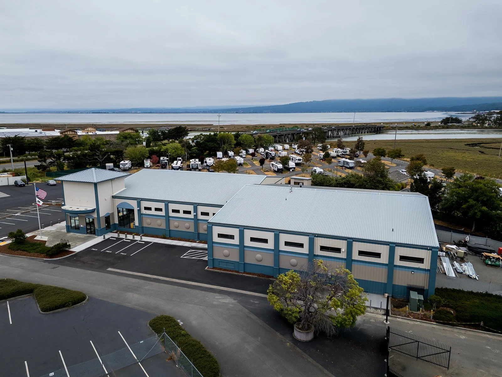 Aerial view of remodeled DMV and Pierson Company shop and yard space. 