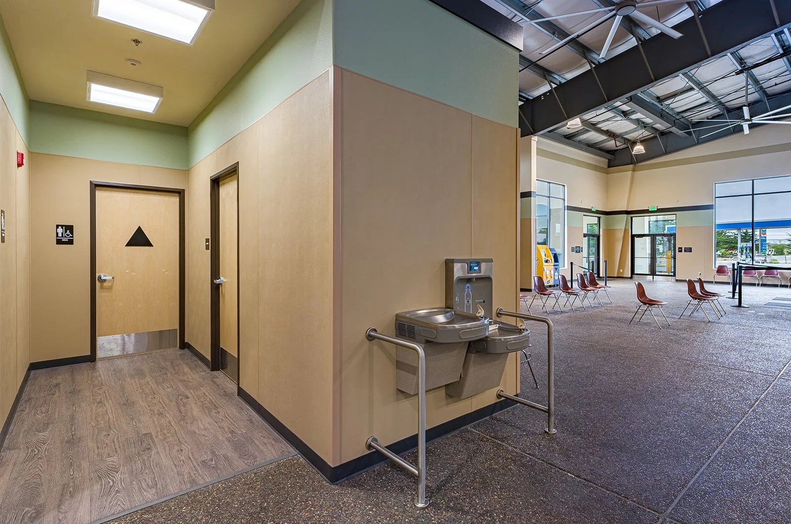 Accessible restrooms in public lobby. 