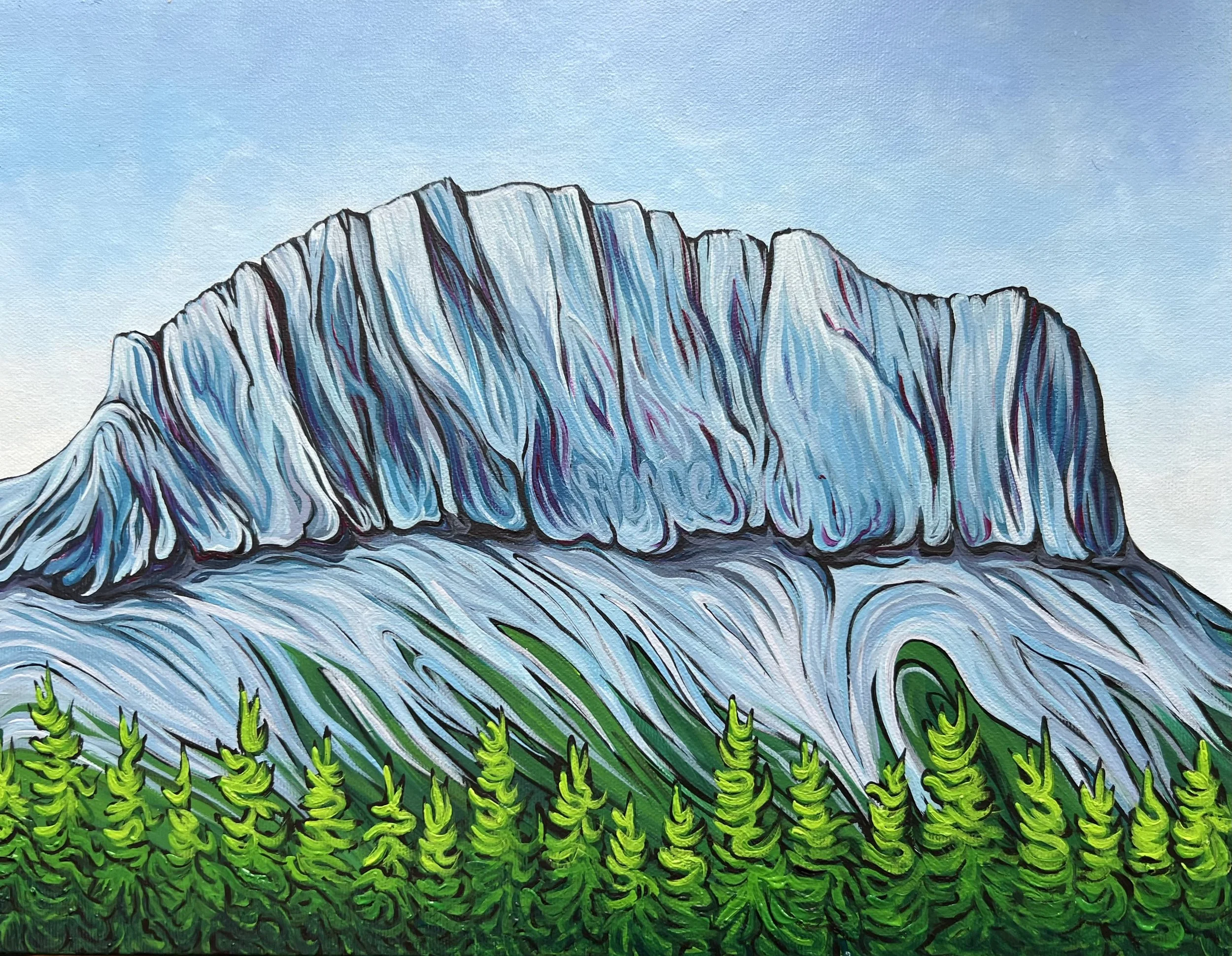 Megan Parker's acrylic painting of a mountain, Yamnuska, outside Canmore, Alberta, Canada in the Bow Valley with icy blue and white slopes, and green trees at the base.