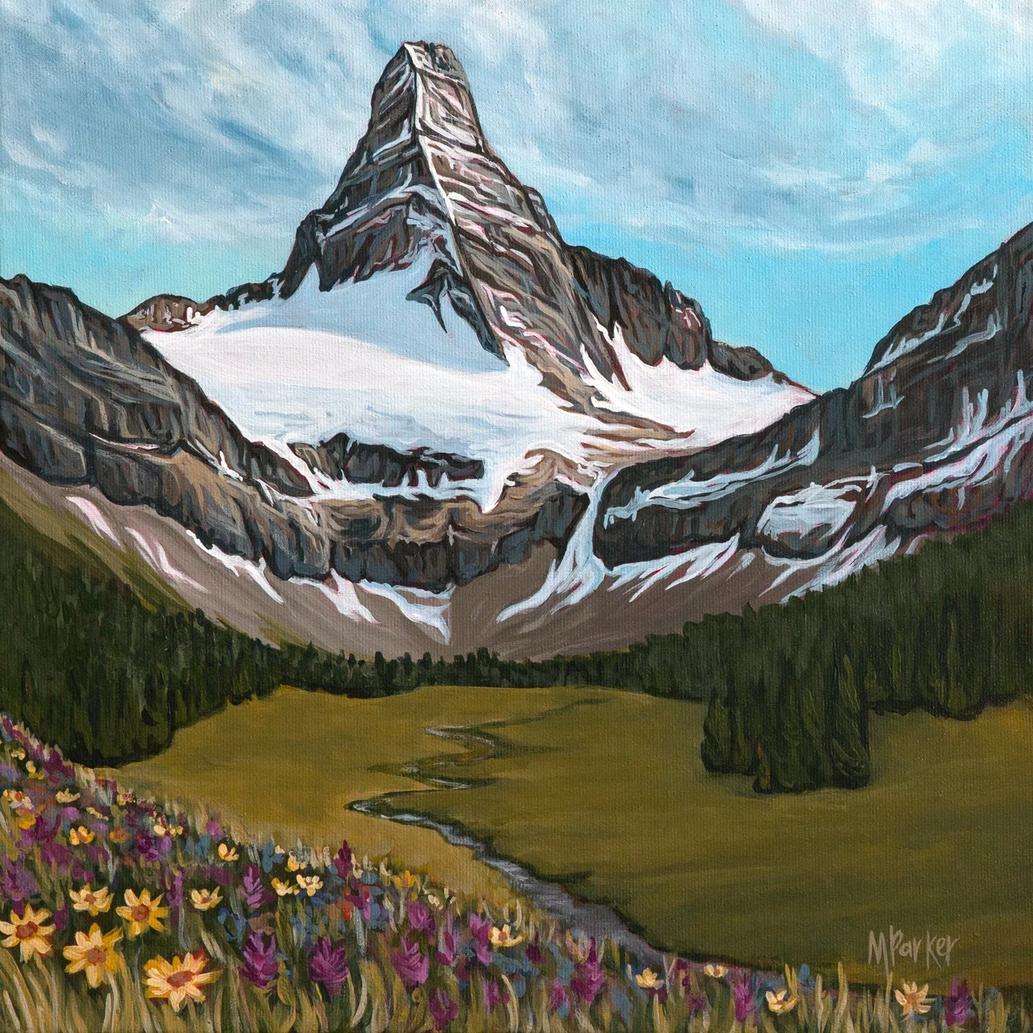 Megan Parker, artist from Canmore Alberta's acyrlic painting of Mt. Assiniboine in Banff National Park with wildflowers in bloom
