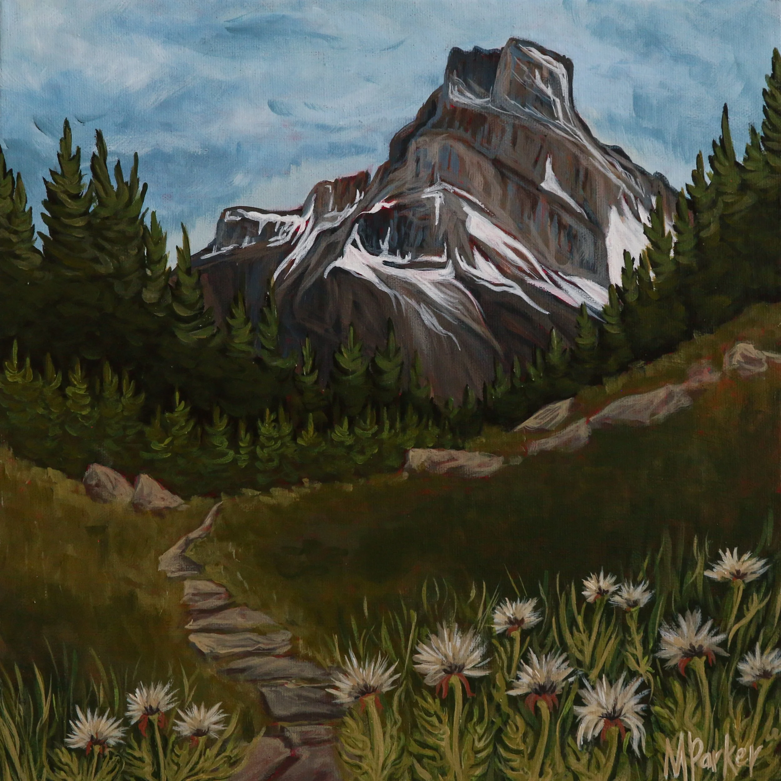Megan Parker, Canmore, Alberta artist's painting of Cathedral Mountain from Lake O'Hara in Yoho National Park