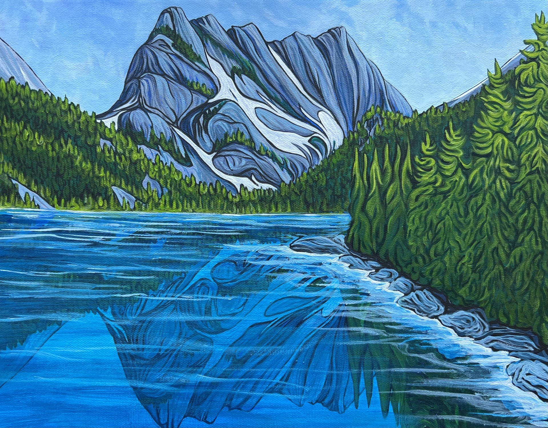A vibrant acrylic painting of a mountain landscape from Colorado with snow-capped peaks, dense green forests, and a body of water in the foreground reflecting the scenery.