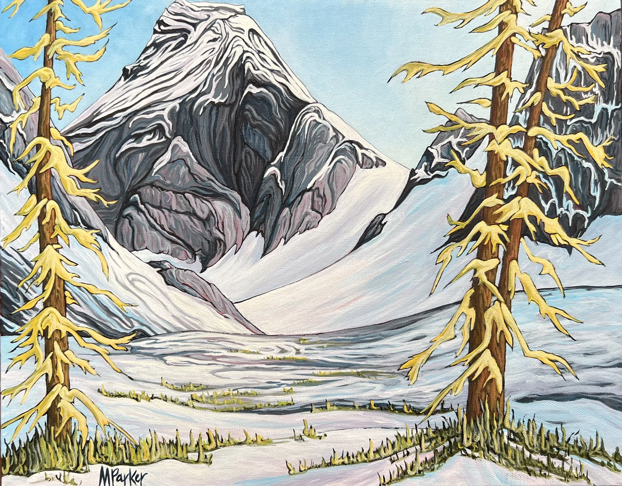 A vibrant landscape painting series in acrylic — part of Megan Parker’s “Stories from the Trails” series inspired by life with cystic fibrosis and recovery after a double lung transplant, celebrating resilience through outdoor adventure and art.