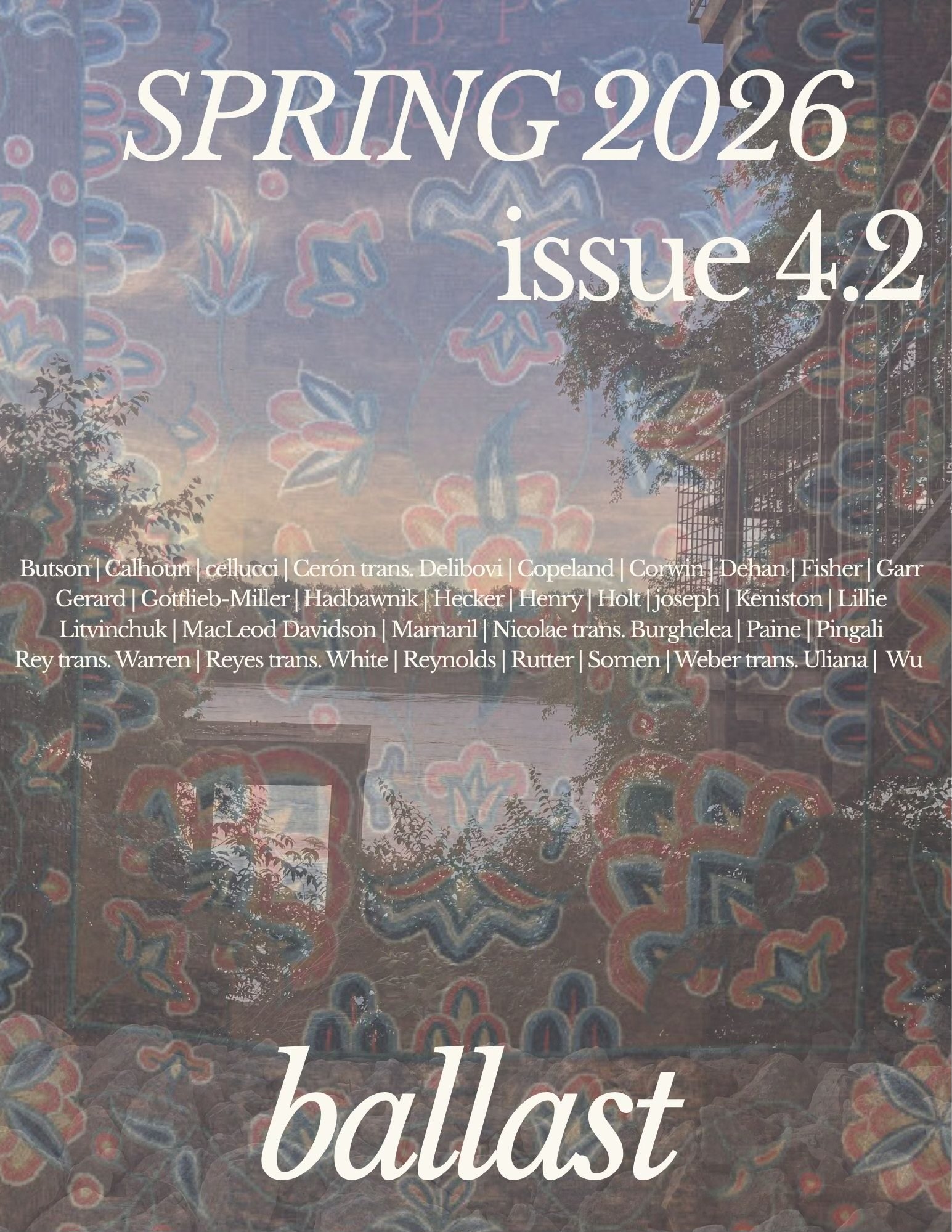 cover image of ballast issue 4.2 (spring 2026). Lake seen in distance through trees overlaid with transparent pattern fabric