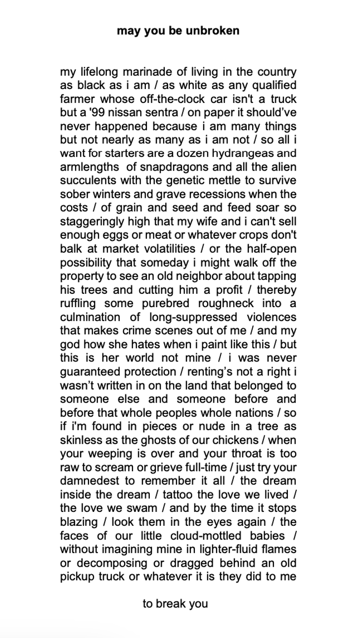 an image of a concrete poem titled "may you be unbroken." The poem's text forms a long, rectangular block of text. Line breaks embedded within the poem are indicated by virgules.