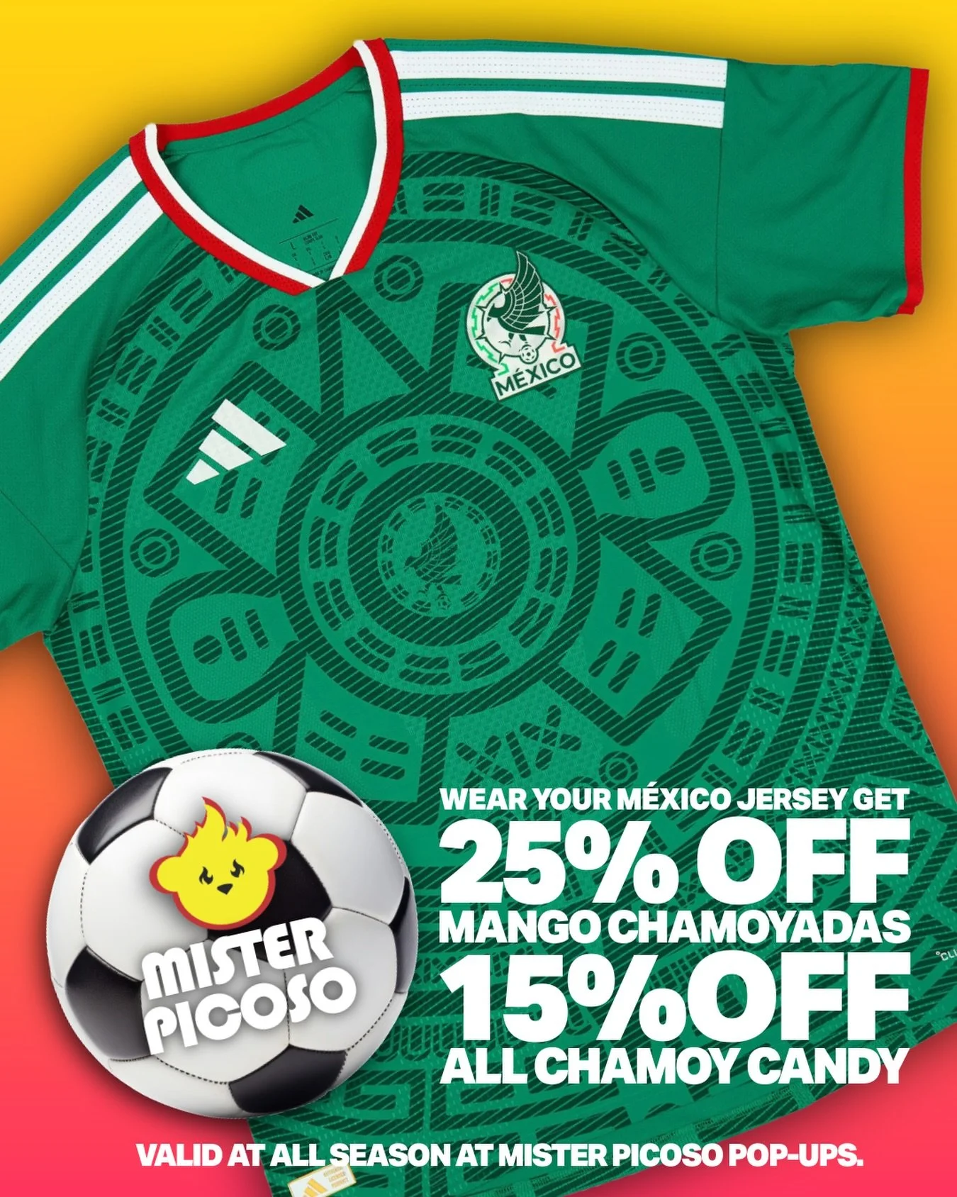 🇲🇽⚽️ &iexcl;HOY JUEGA M&Eacute;XICO! ✨⚽️

Who&rsquo;s ready to cheer on El Tri tonight? 🇲🇽✨🙌🏻⚽️

To celebrate every M&eacute;xico match this season, MISTER PICOSO is offering a Game Day Jersey Special!

👕 Wear your M&eacute;xico jersey to any 