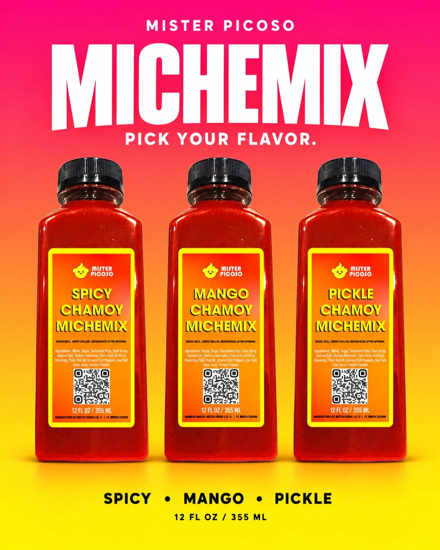 🔥 THREE FLAVORS. SO MANY WAYS TO MIX! 

Meet our MICHEMIXES! Each 12 oz bottle is chamoy based and concentrated, ready to bring bold flavor to your favorite drinks! 

🌶️ SPICY CHAMOY 🥭 MANGO CHAMOY 🥒 PICKLE CHAMOY

Mix up rusas, micheladas, or ge