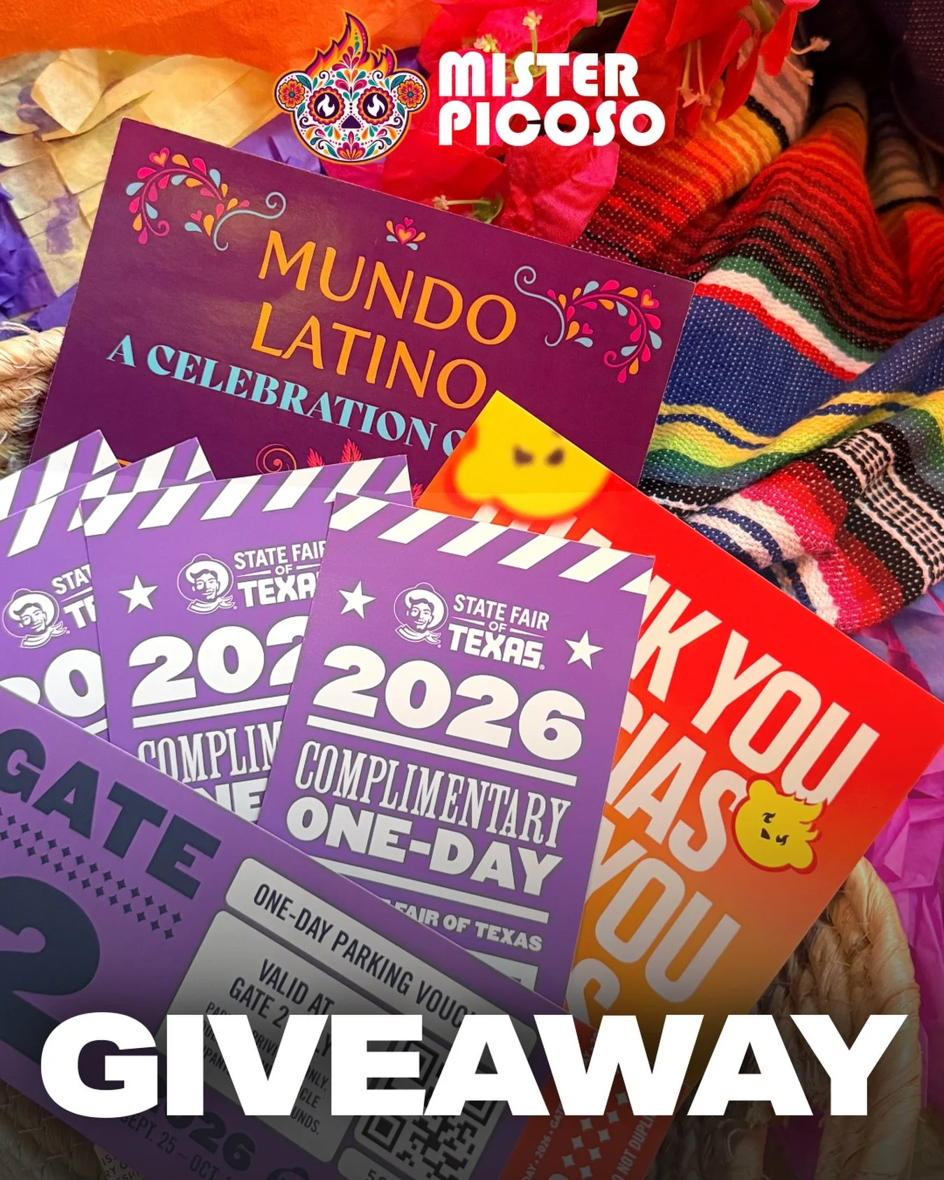 🎡✨YOUR STATE FAIR CREW COULD BE GOING ON US! ✨🎡

We&rsquo;re doing it AGAIN! ONE lucky winner will score this State Fair prize package from MISTER PICOSO! 🔥

🎟️ 4 State Fair of Texas admission tickets
🍴 $50 in food/ride coupons &ndash; bring on 