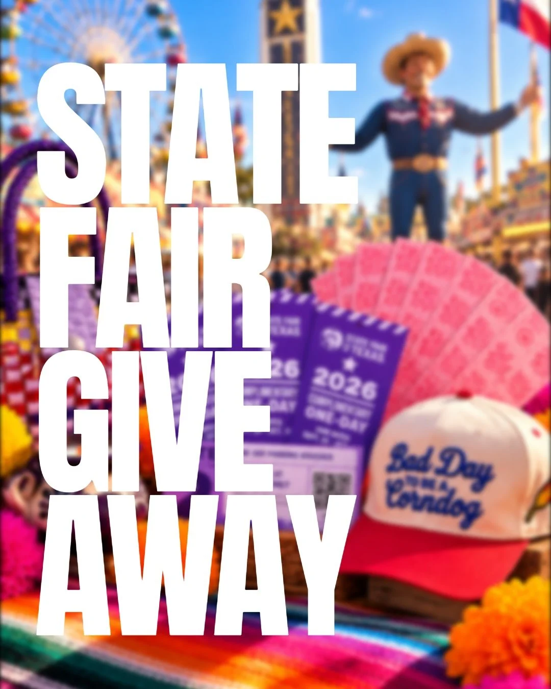 🎡✨ ONE LAST STATE FAIR GIVEAWAY! ✨🎡

Y&rsquo;all showed SO much love on our last giveaway that we had to squeeze in ONE MORE before the State Fair of Texas wraps up this weekend! 🤠🎟️

And this time, we teamed up with some of our vendor friends at