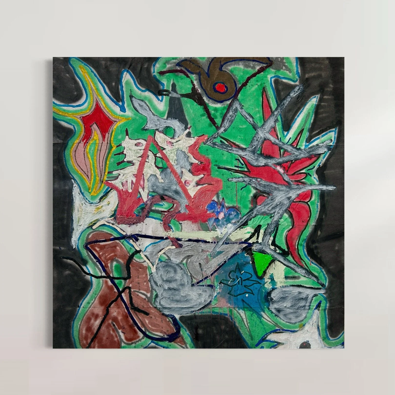 "Untitled", 2025 oil, acrylic, spray paint on drop cloth (48"x48")