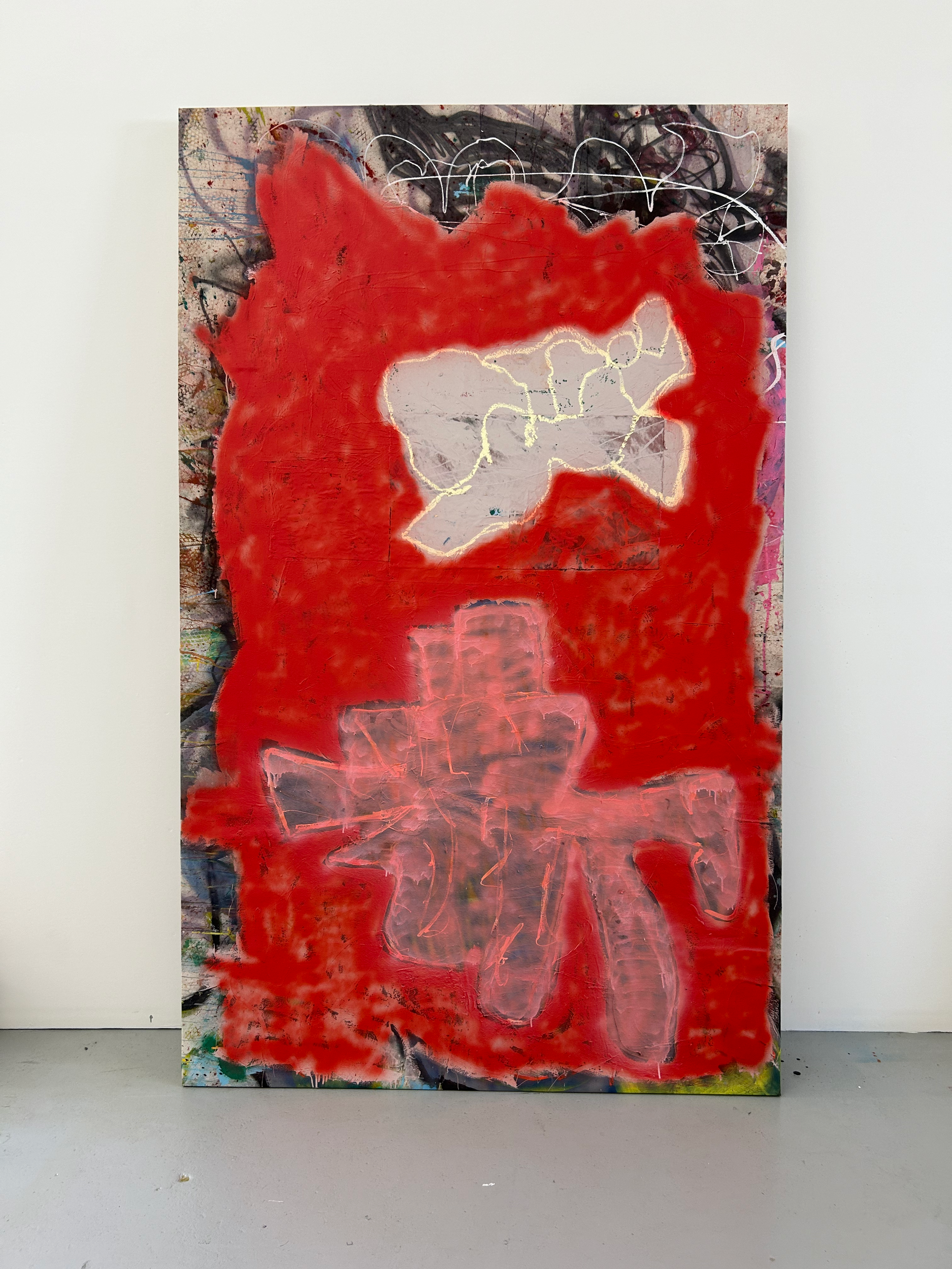 "Untitled", 2023 oil, acrylic, spray paint on canvas (60"x98")