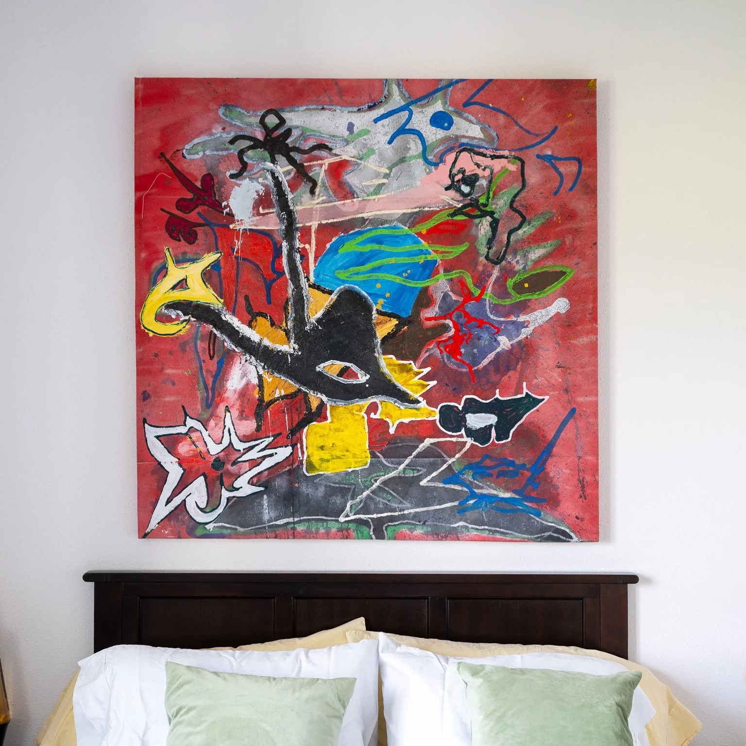 "Skylarking", 2025 oil, acrylic, spray paint on drop cloth (48"x48")