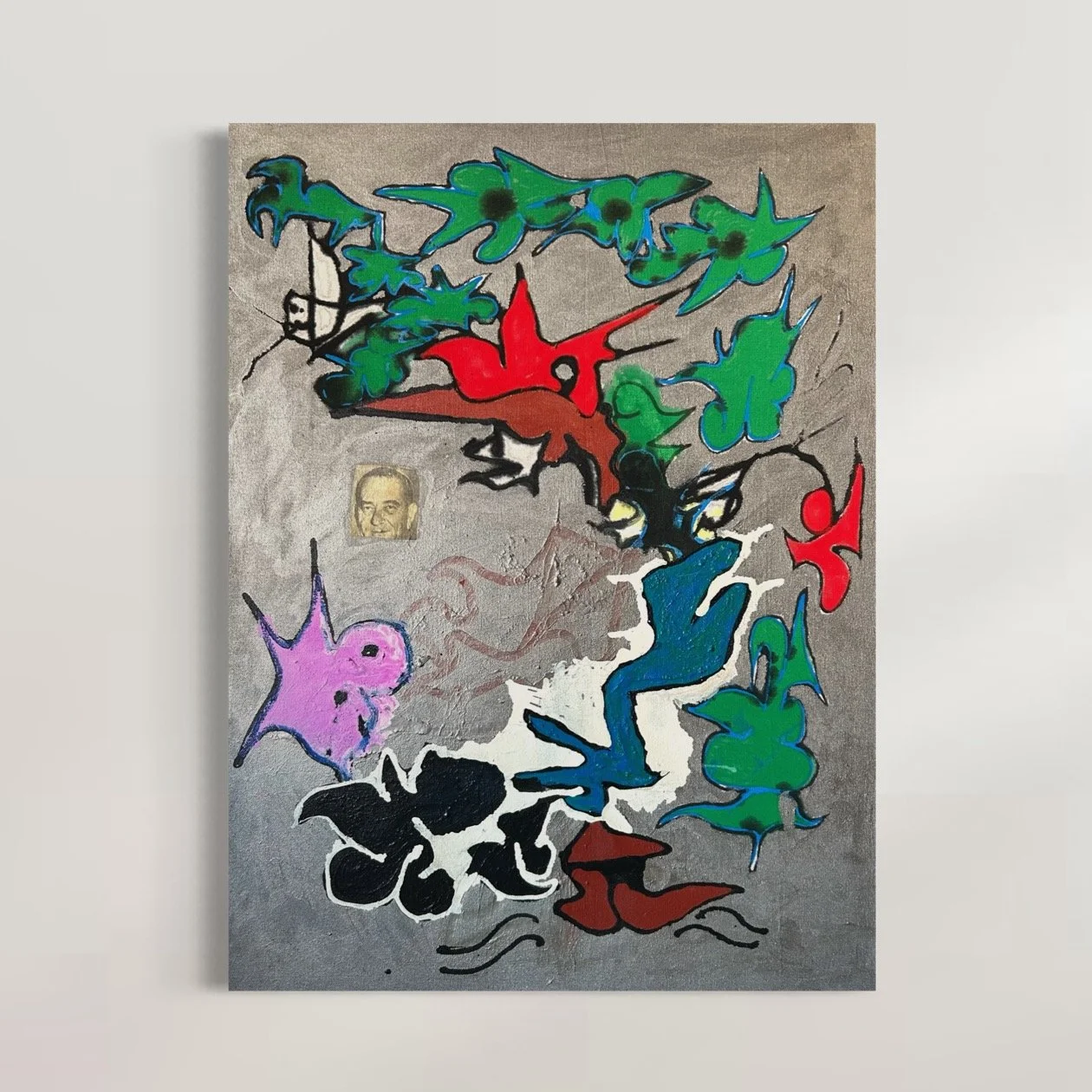 "Johnson", 2025 acrylic, spray paint, collage on drop cloth (30"x40")