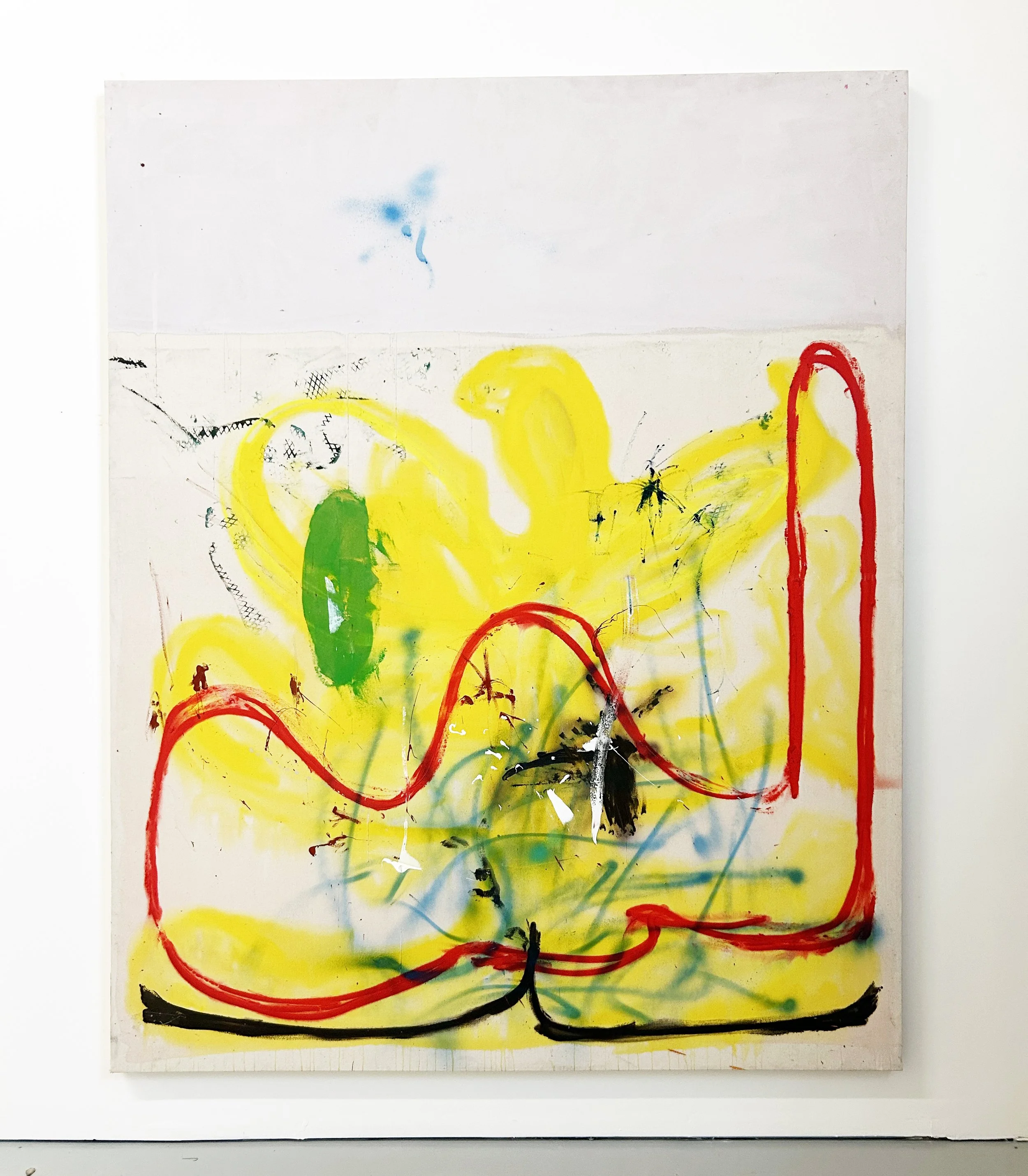 "Untitled", 2022 oil, acrylic, spray paint on canvas (63"x77")