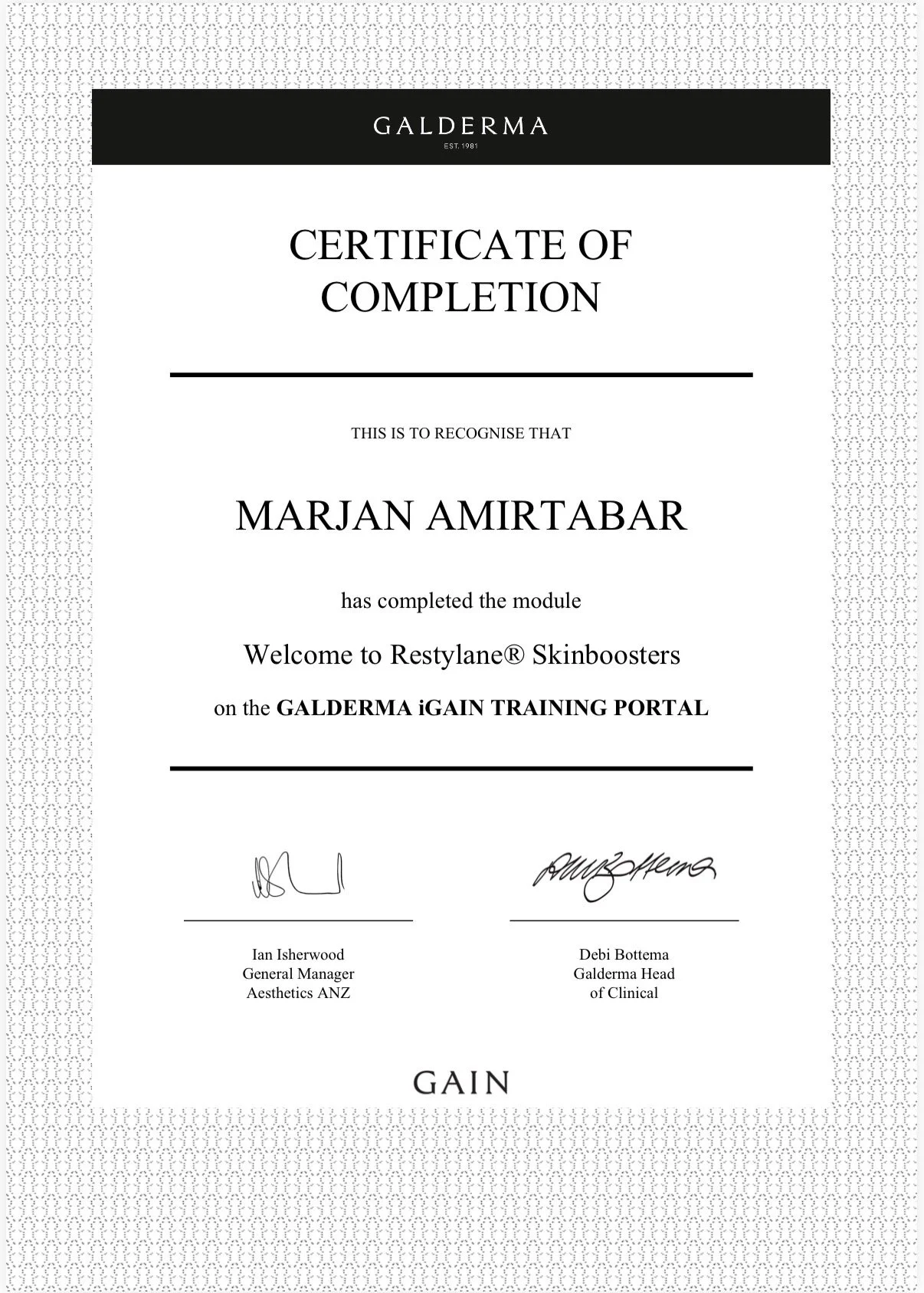 Marjan Amirtabar Galderma Restylane Skinboosters training certificate – Face to Face by Marjan, Sydney