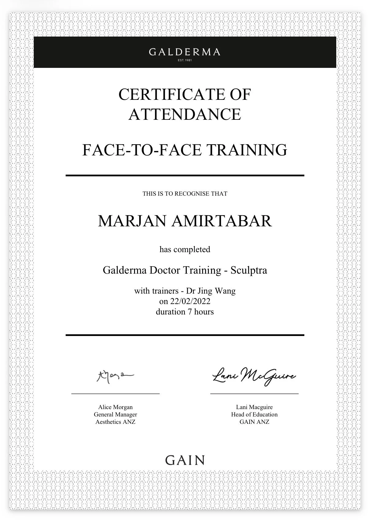 Certificate of attendance for advanced Galderma Sculptra training completed by cosmetic injector Marjan Amirtabar, demonstrating professional education in collagen biostimulator treatments and facial rejuvenation.