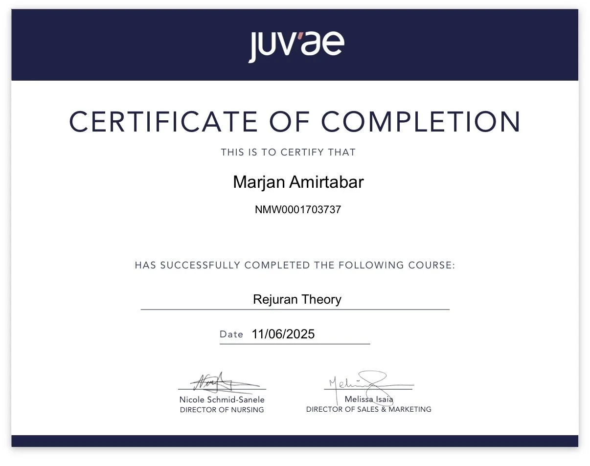 advanced aesthetic training certificate of completion awarded to Marjan Amirtabar.
