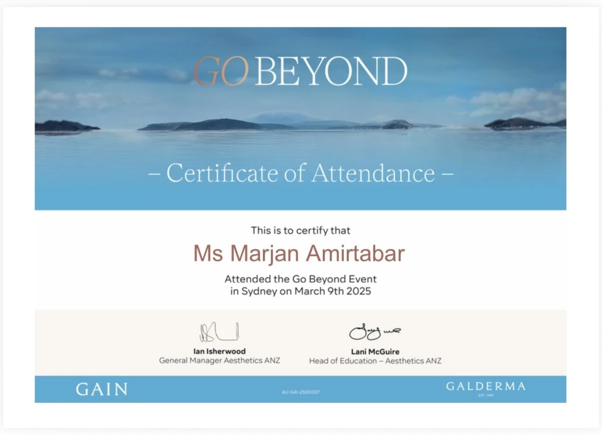 Beyond aesthetic education certificate of attendance awarded to Marjan Amirtabar.