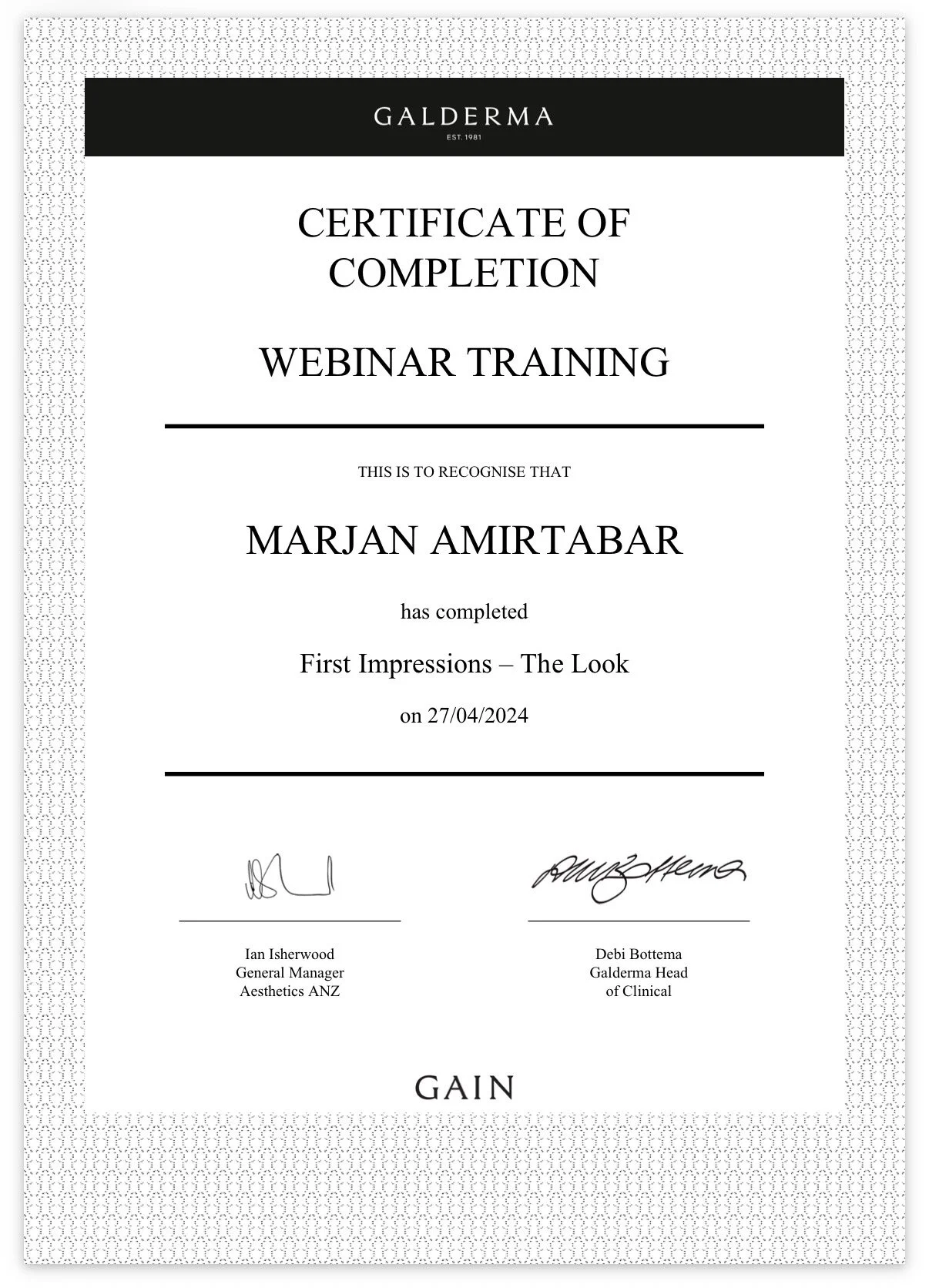 Galderma Face-to-Face Training certificate awarded to Marjan Amirtabar for training with Sylvain Le Henaff.