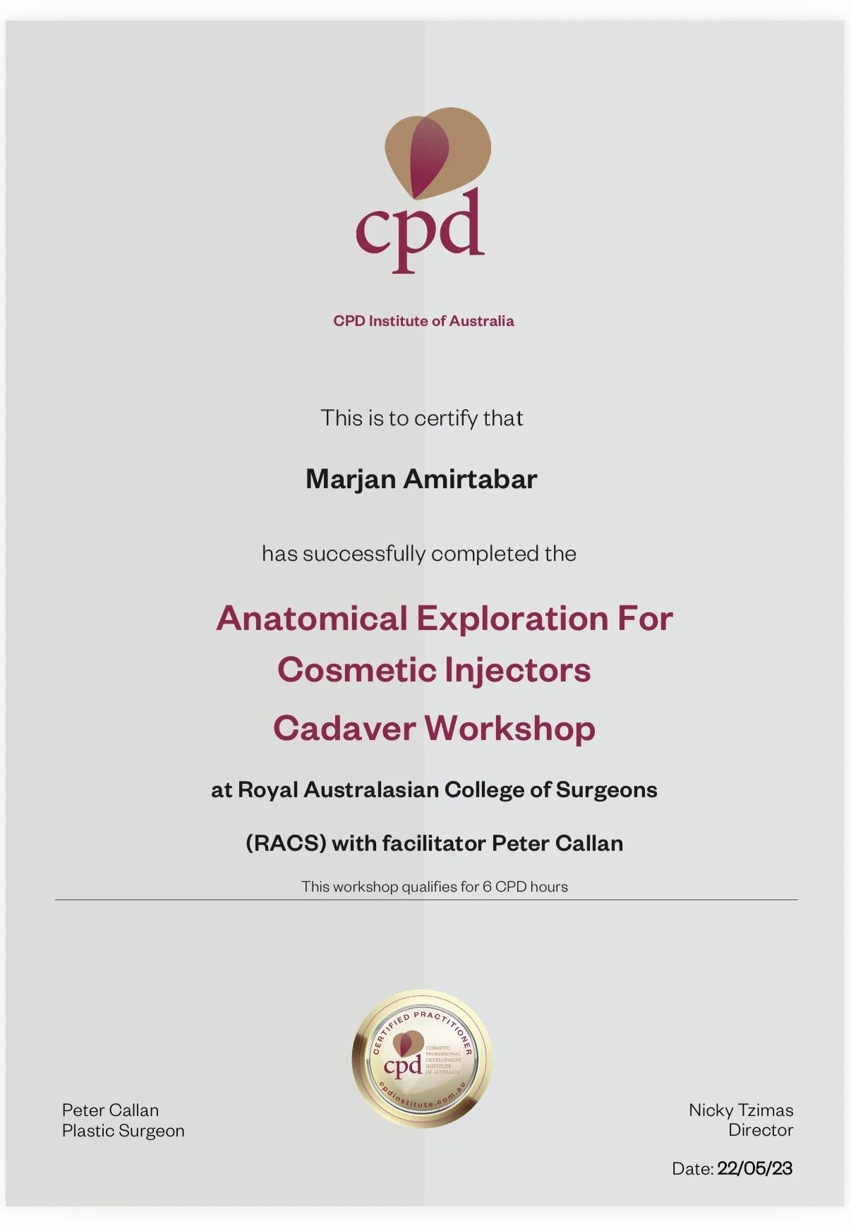 Professional aesthetic training certificate for Marjan Amirtabar, cosmetic nurse and aesthetic injector in Sydney.