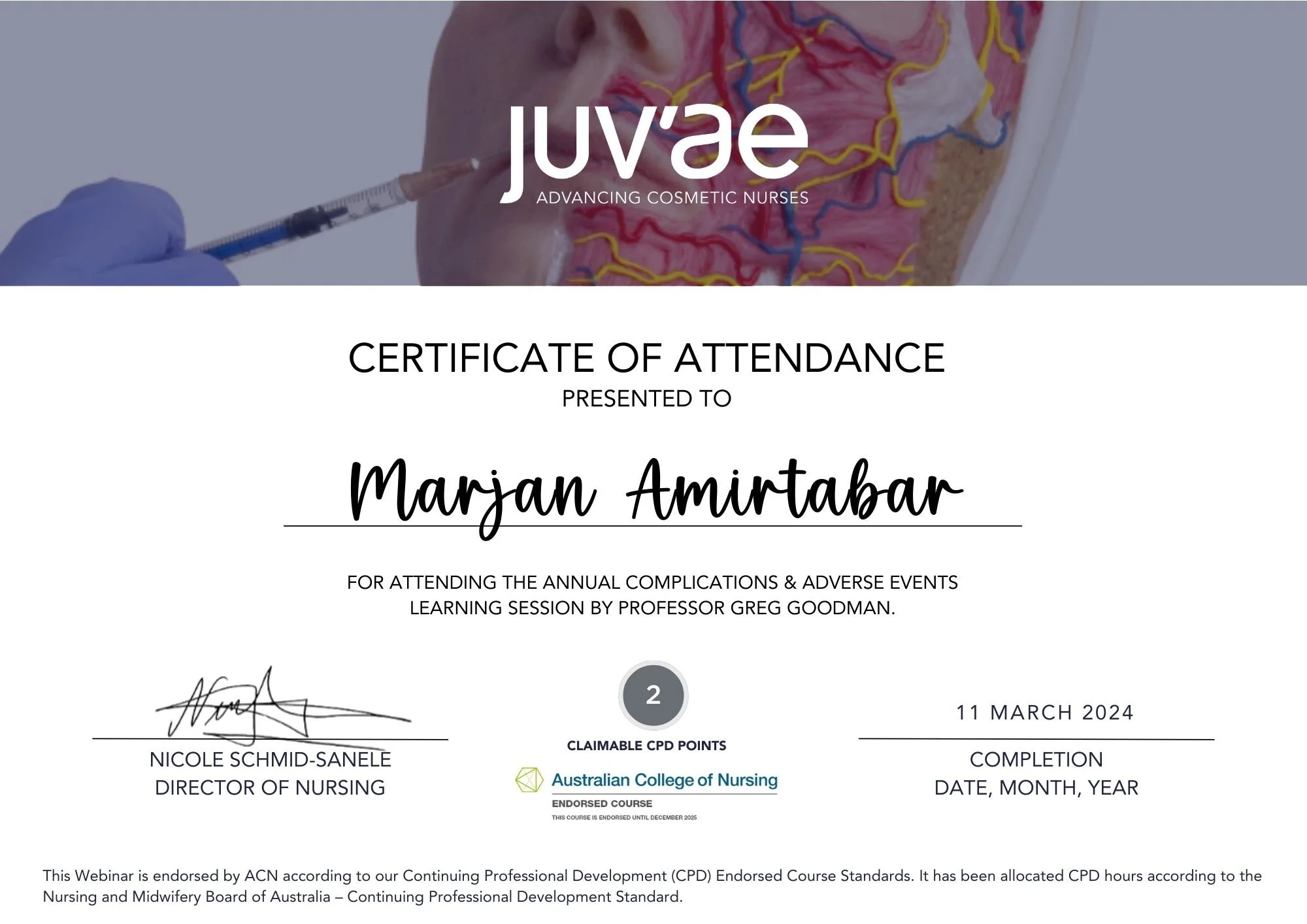 Juvae aesthetic education certificate of attendance for cosmetic nurse Marjan Amirtabar.