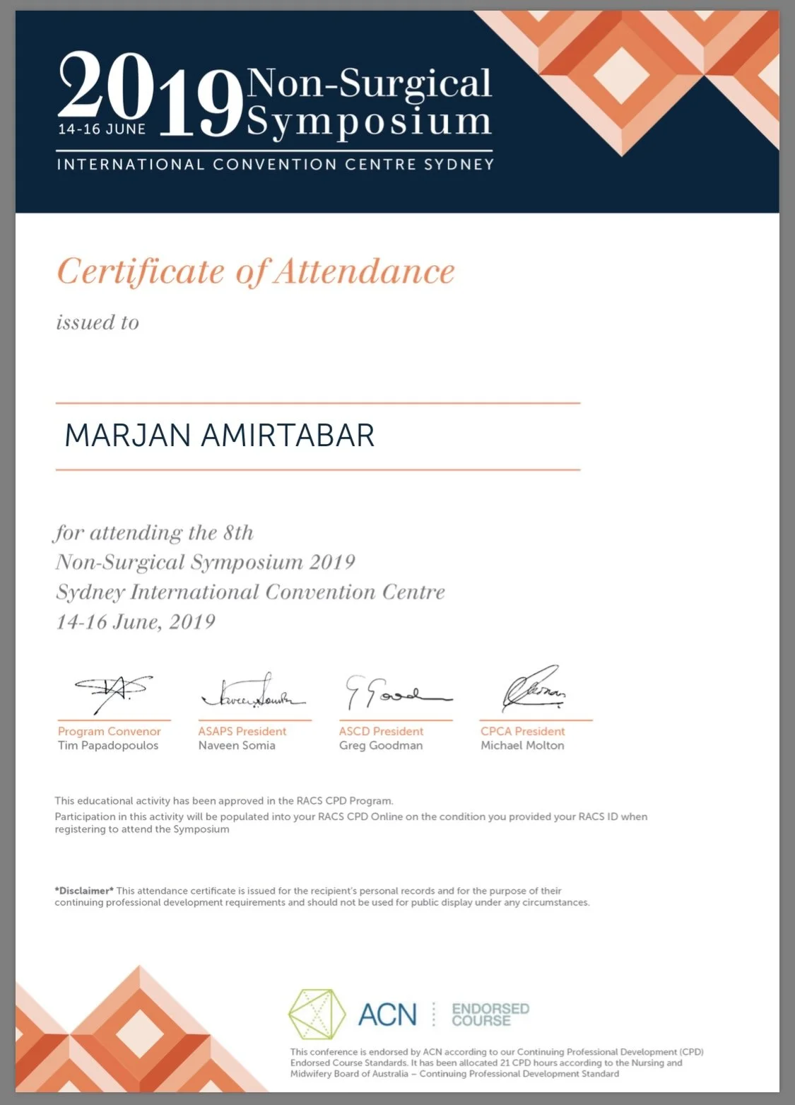 2019 professional aesthetic medicine education certificate awarded to Marjan Amirtabar.