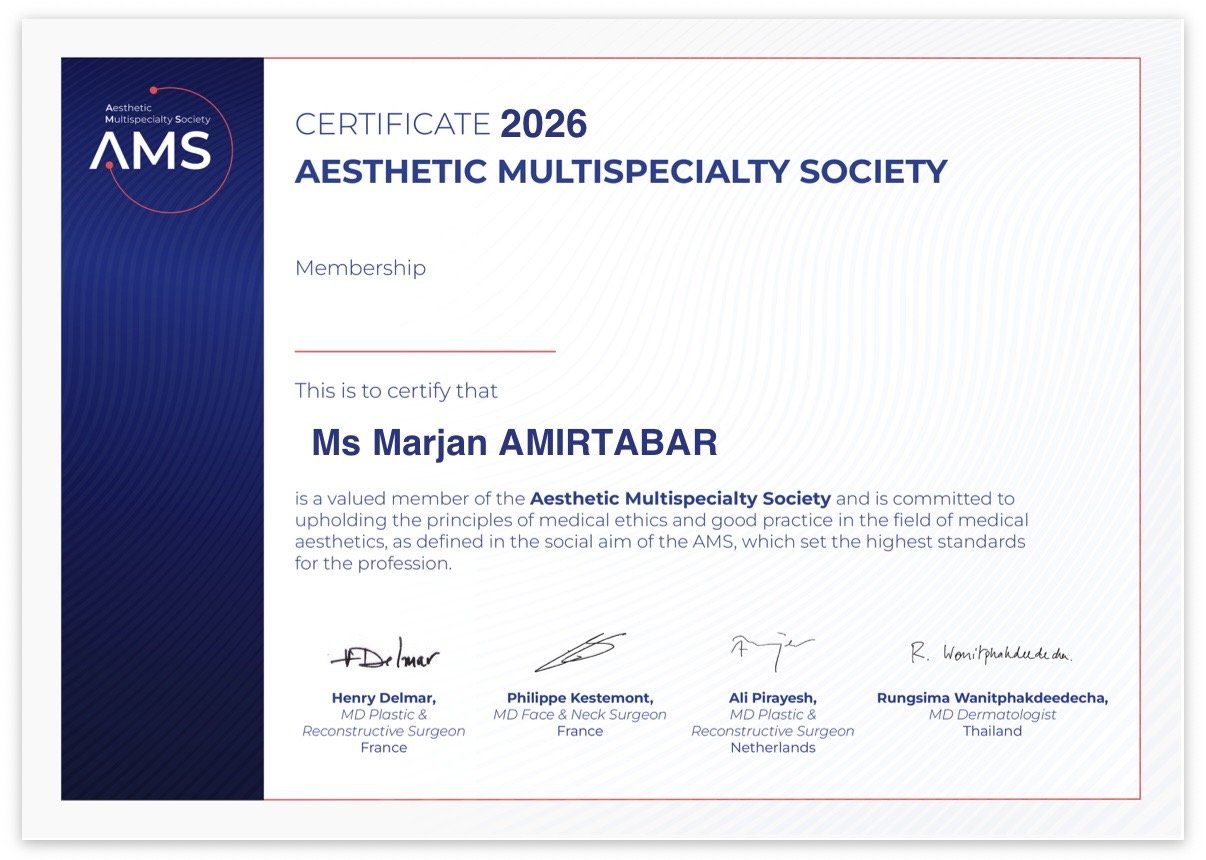 Professional education certificate for Marjan Amirtabar from an Australasian cosmetic medicine training program.
