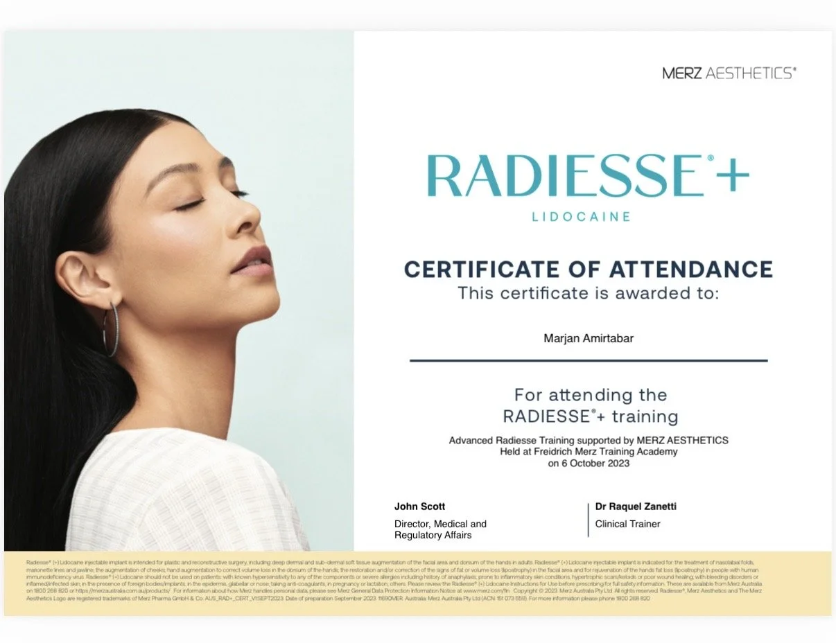 Radiesse advanced aesthetic training certificate of attendance for cosmetic nurse Marjan Amirtabar.