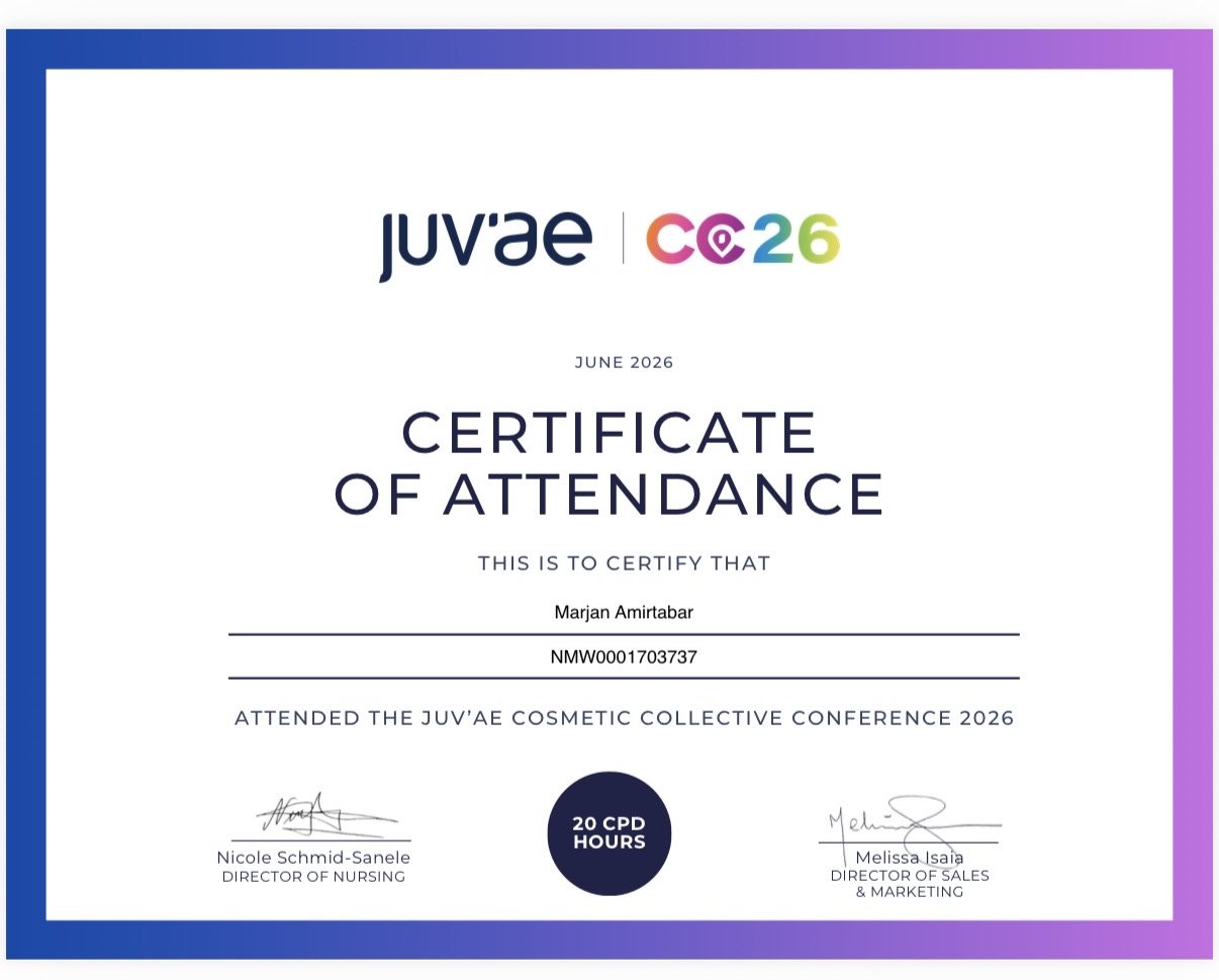 Juvae certificate of attendance awarded to Marjan Amirtabar for professional aesthetic training.