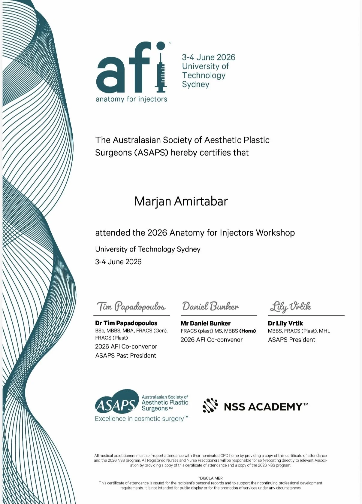 AFI aesthetic training certificate awarded to cosmetic nurse Marjan Amirtabar.