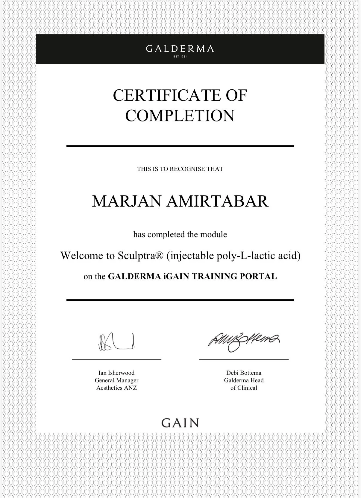 Sculptra Galderma aesthetic medicine training certificate awarded to Registered Nurse Marjan Amirtabar in Sydney