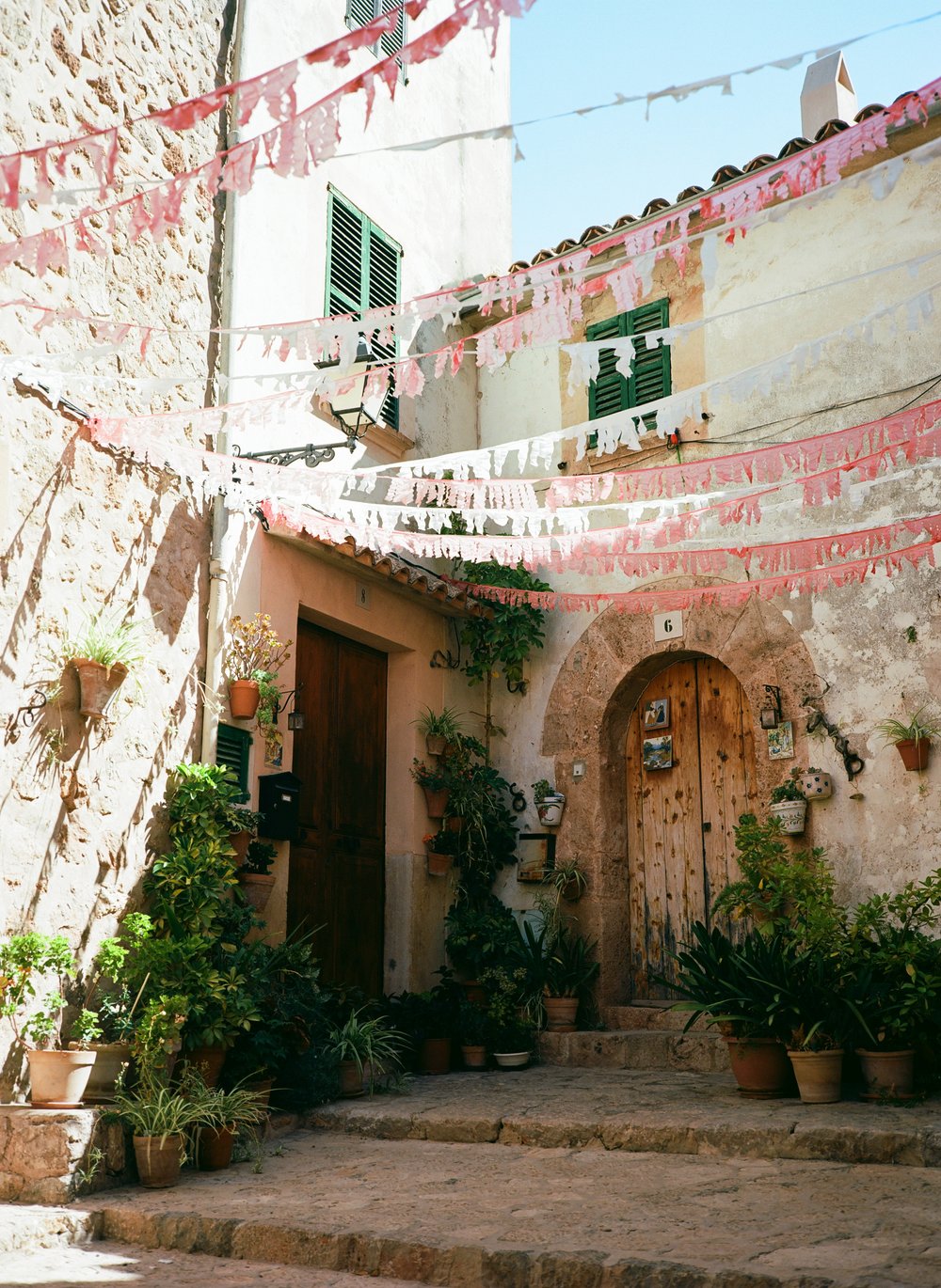 colorful decorations of a patio in a small town in Mallorca, Spain 