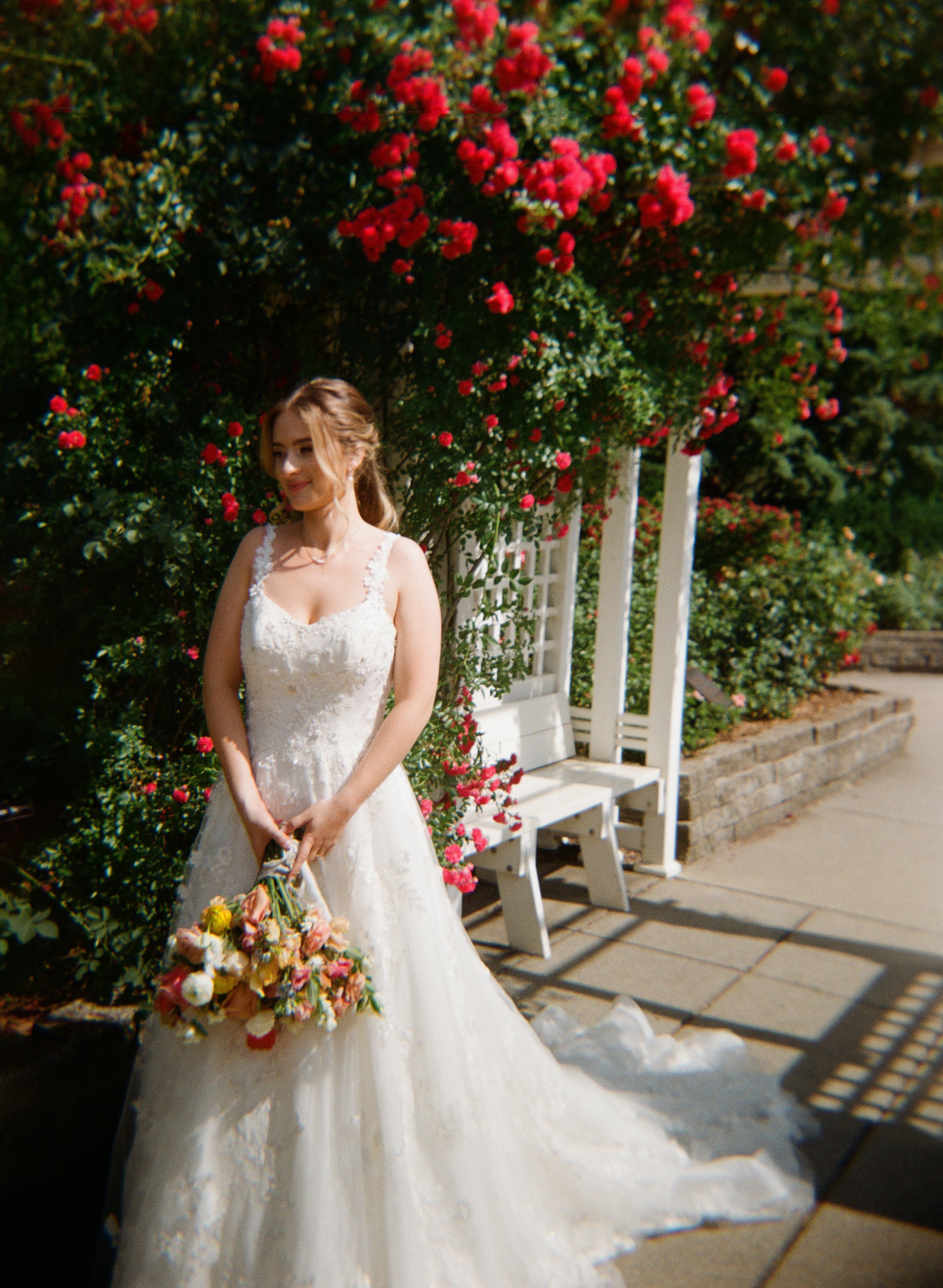 portra 400 film bridal portrait pink flowers