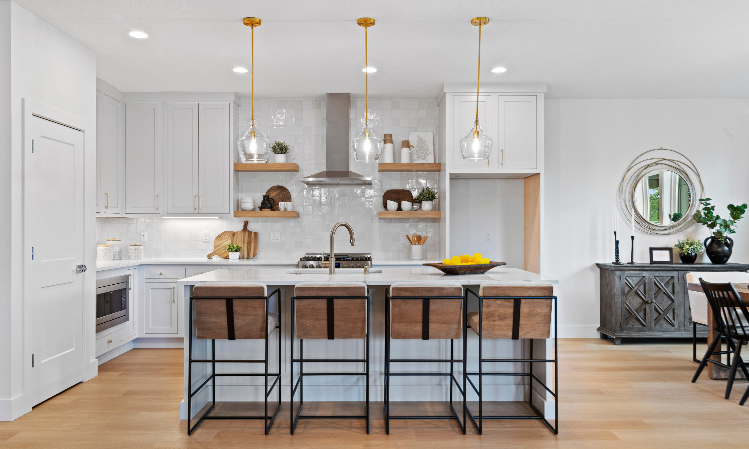 Large kitchen island and bar stools