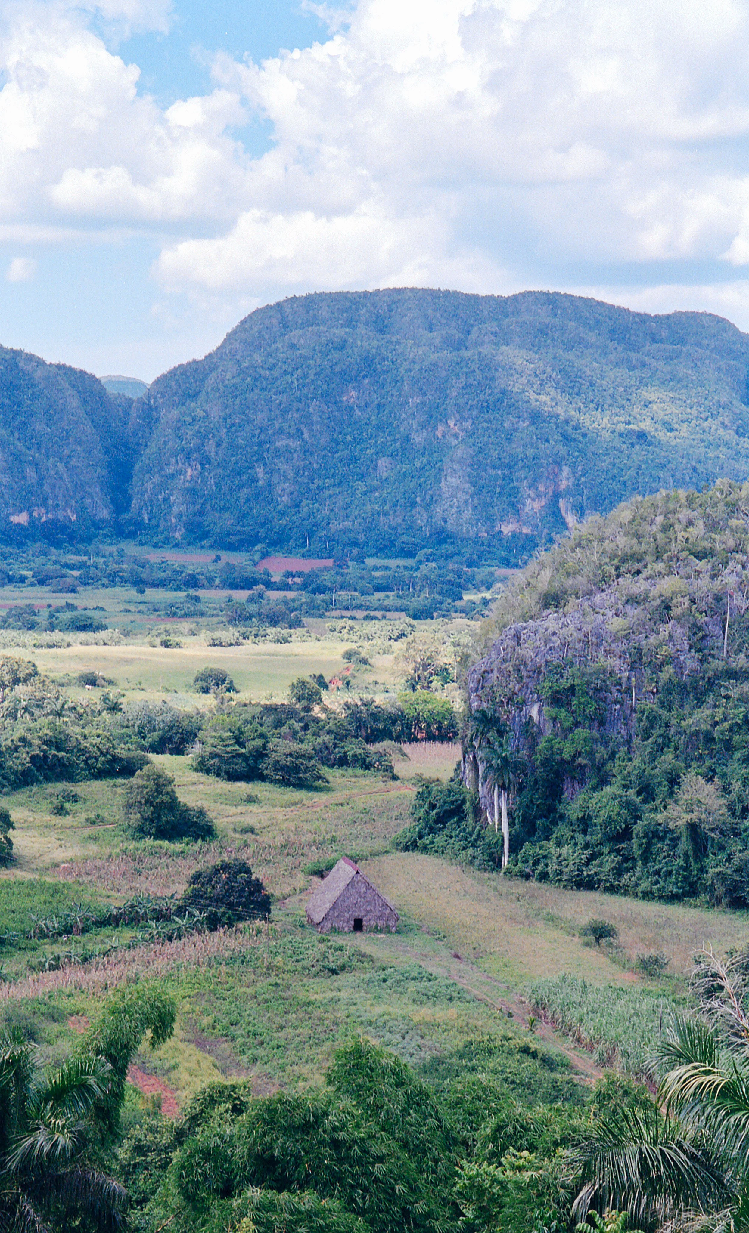 Lush green valley with a small stone hut, surrounded by dense vegetation and mountains under a partly cloudy sky.