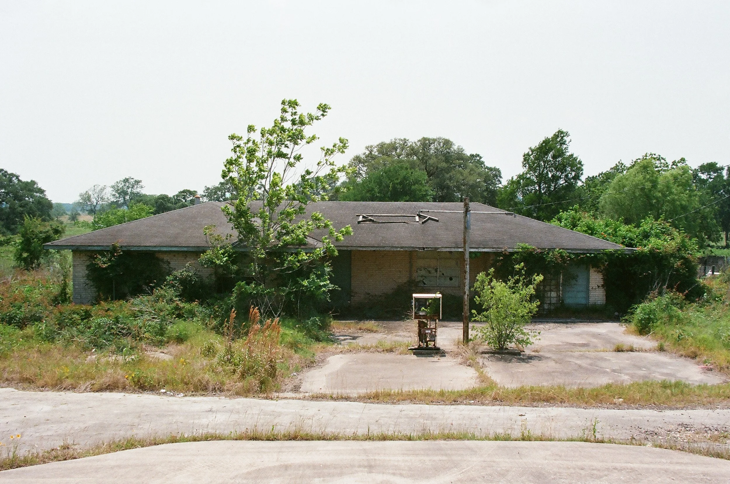 Abandoned single-story house with overgrown vegetation, a damaged power pole, and a rusty exhaust fan on the roof, in a rural setting.