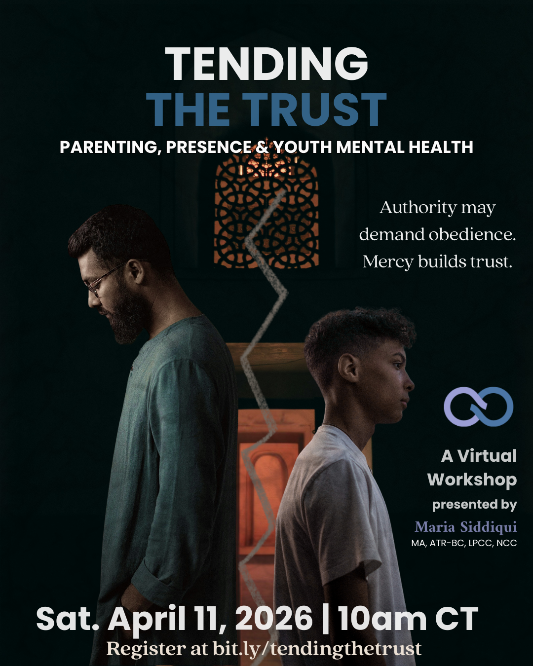 Two people, standing back to back with a vertical zigzag line between them.