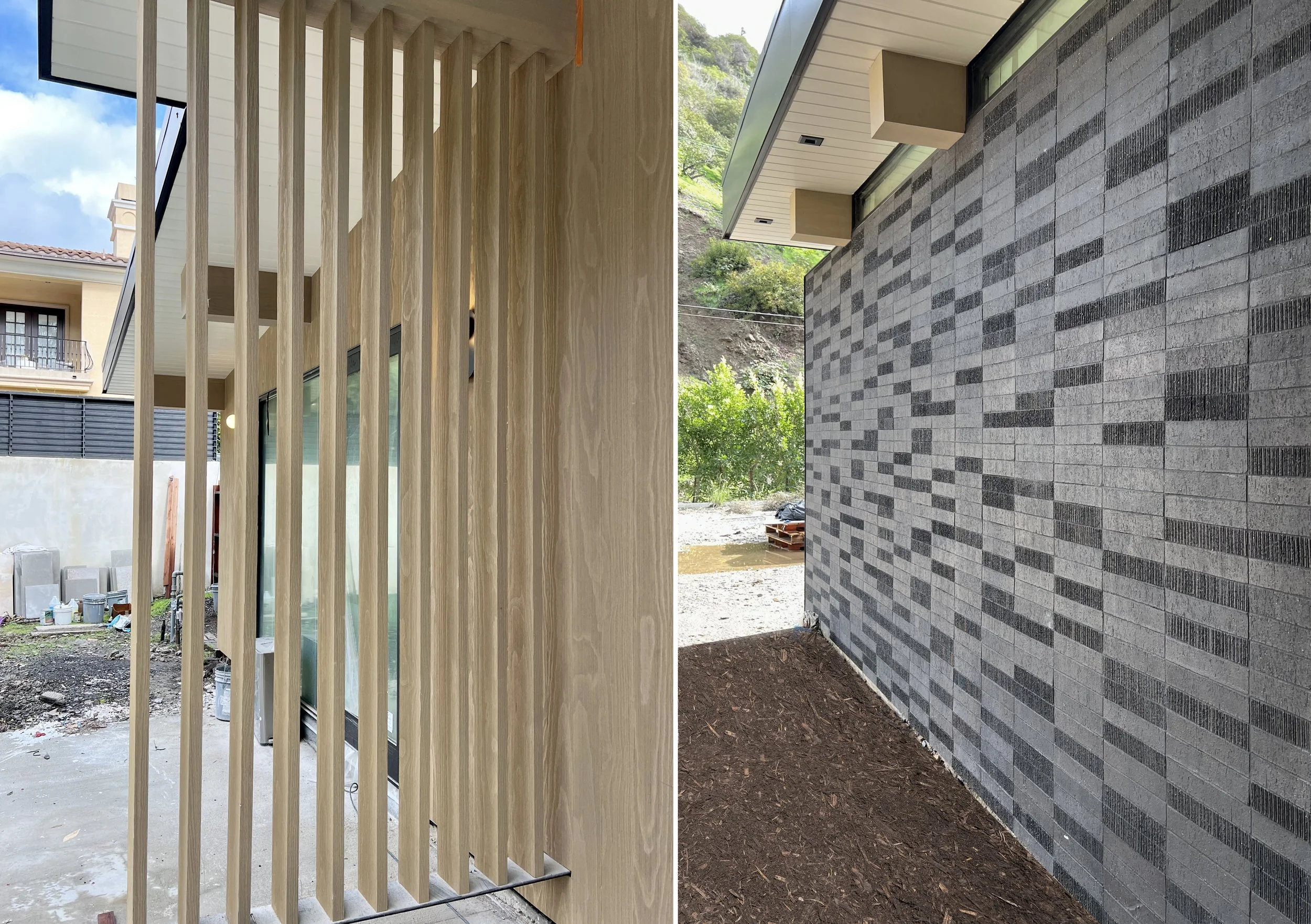 Side-by-side images of modern mid-century residential building exteriors; the left features vertical wooden slats on a porch, and the right shows a wall with patterned charcoal brickwork.