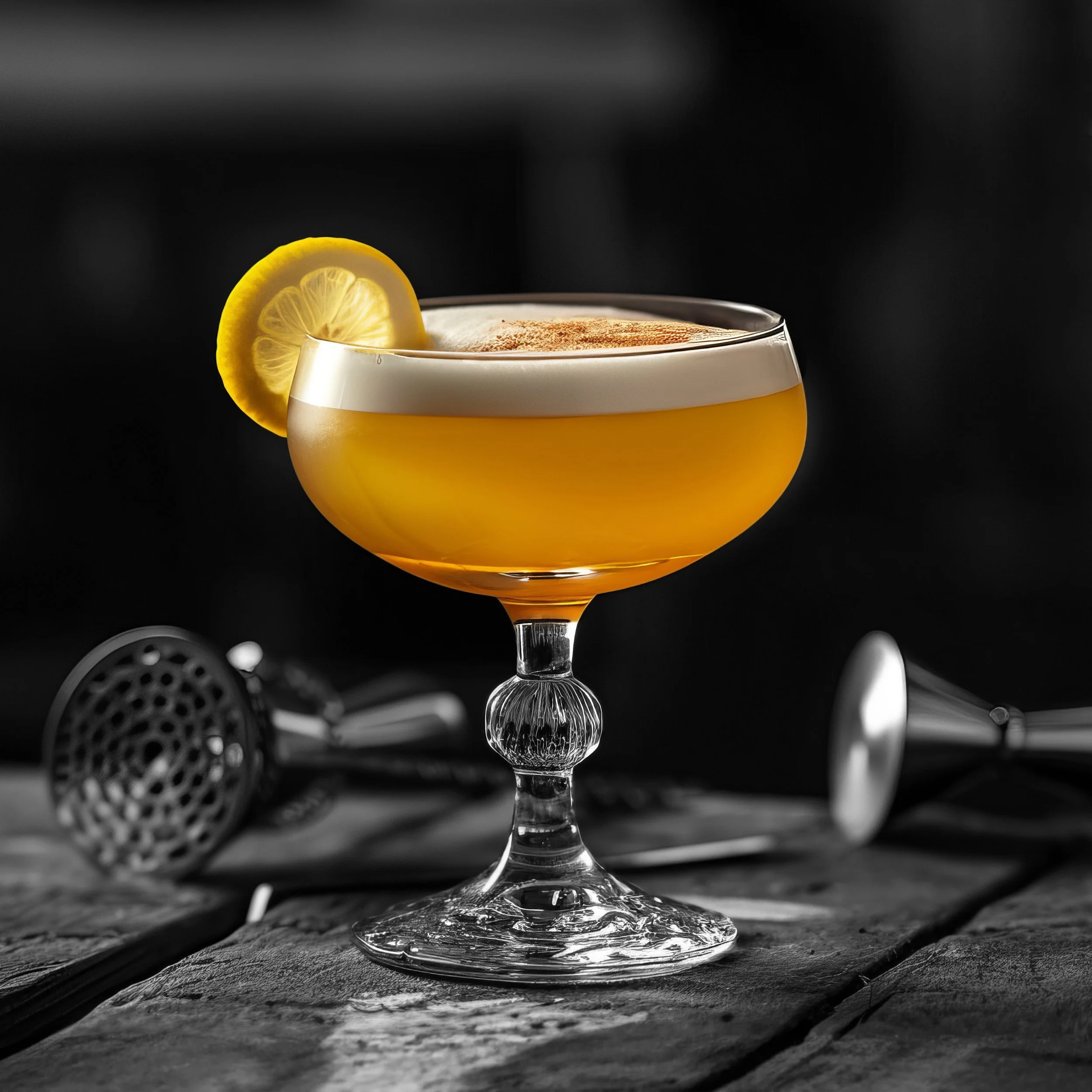 Whisky Sour cocktail med citron i coupeglas mot mörk barbakgrund.