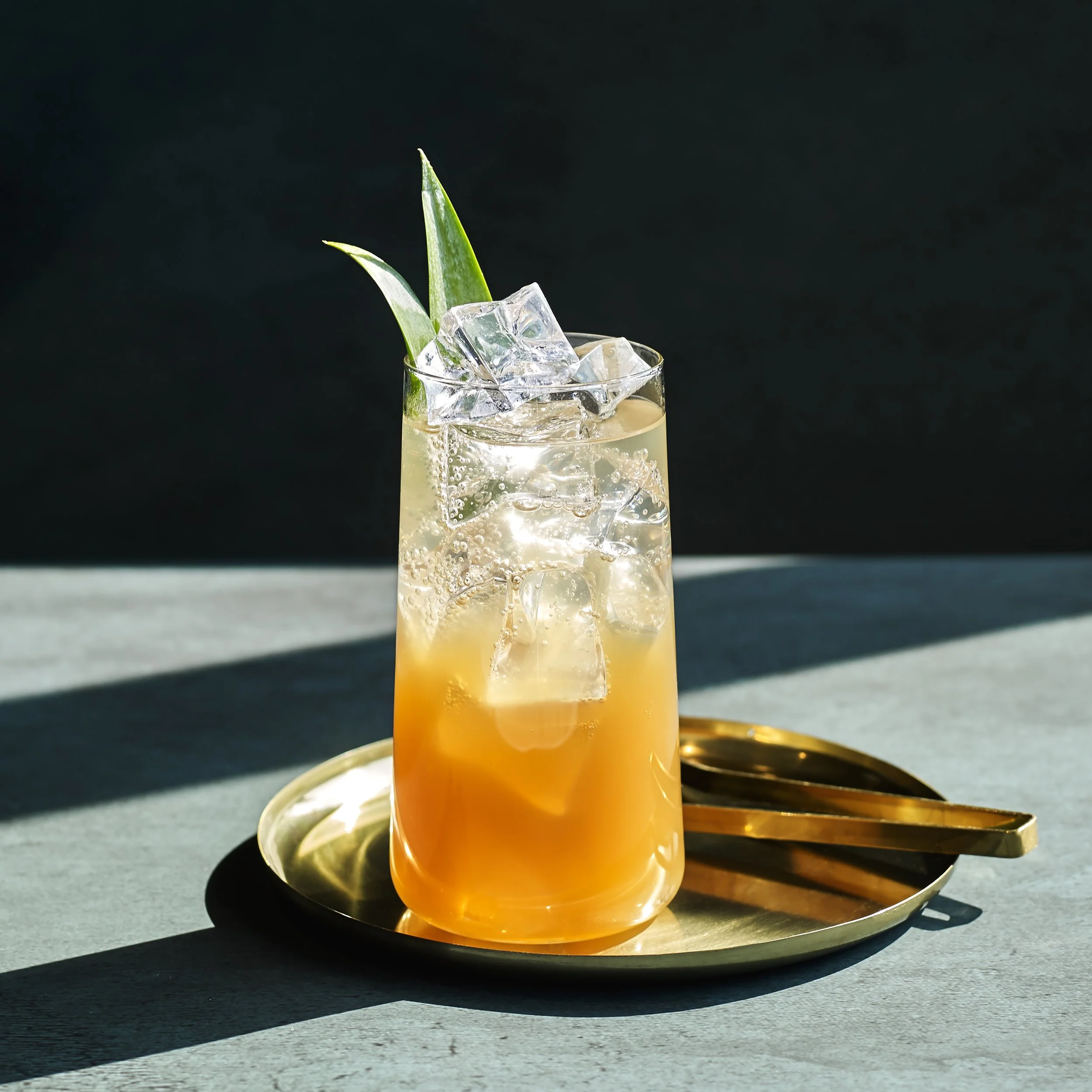 Paseo Tropical cocktail med citrus och is i highballglas mot mörk bakgrund.
