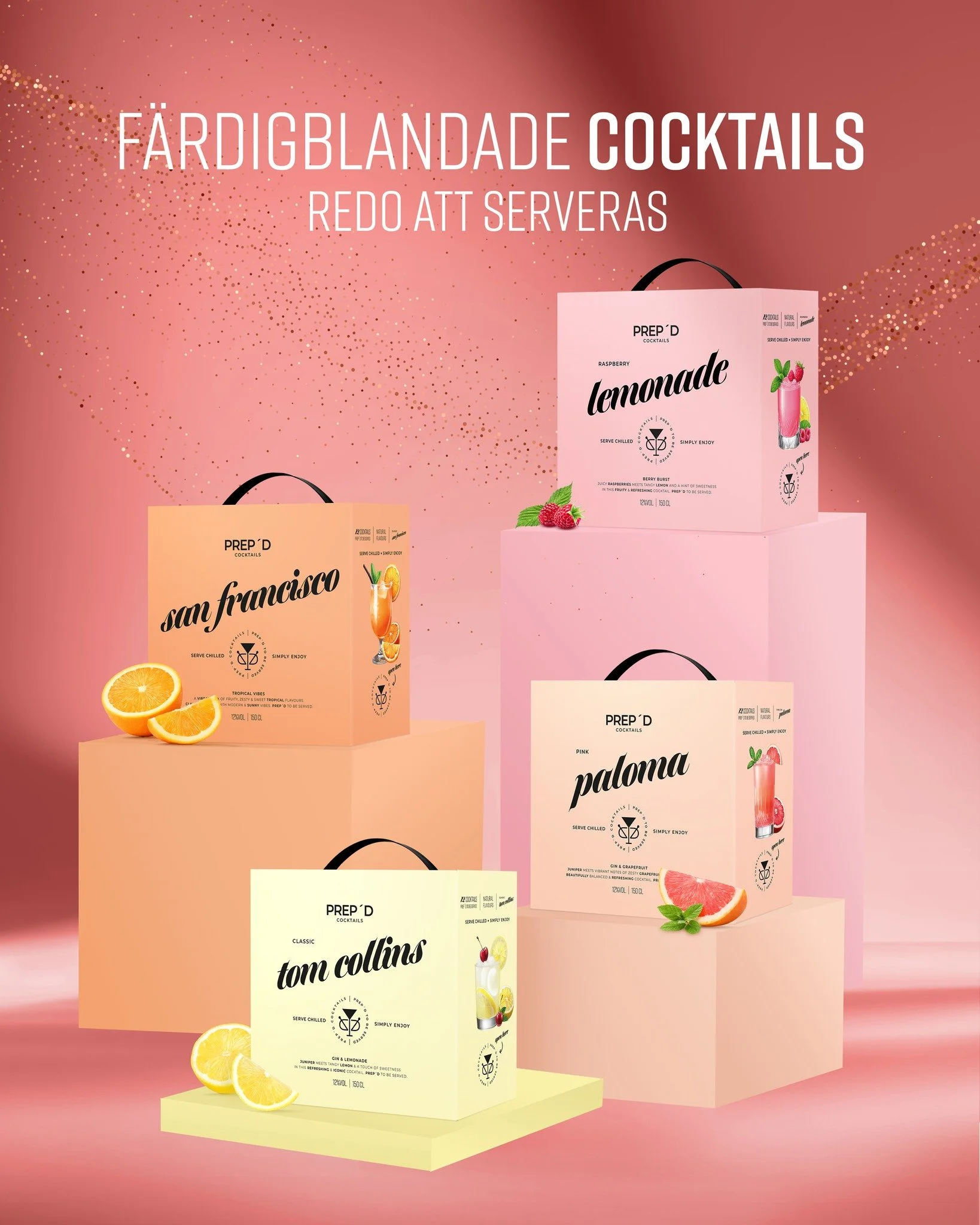 Prep&rsquo;d Cocktails &auml;r f&auml;rdigblandade klassiker &ndash; redo att serveras vid middagar, firanden och gemensamma stunder.

Finns till best&auml;llning hos systembolaget: 

Tom Collins - ArtNr: 8910407
Pink Paloma - ArtNr: 8909307
San Fran