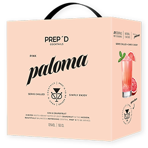 PREP’D Cocktails Pink Paloma bag-in-box-förpackning med mjuk ljusrosa design, svart elegant typografi och illustration av en rosa grapefruktdrink på sidan. Modern och minimalistisk premiumdesign med skandinavisk känsla för färdigblandade cocktails.