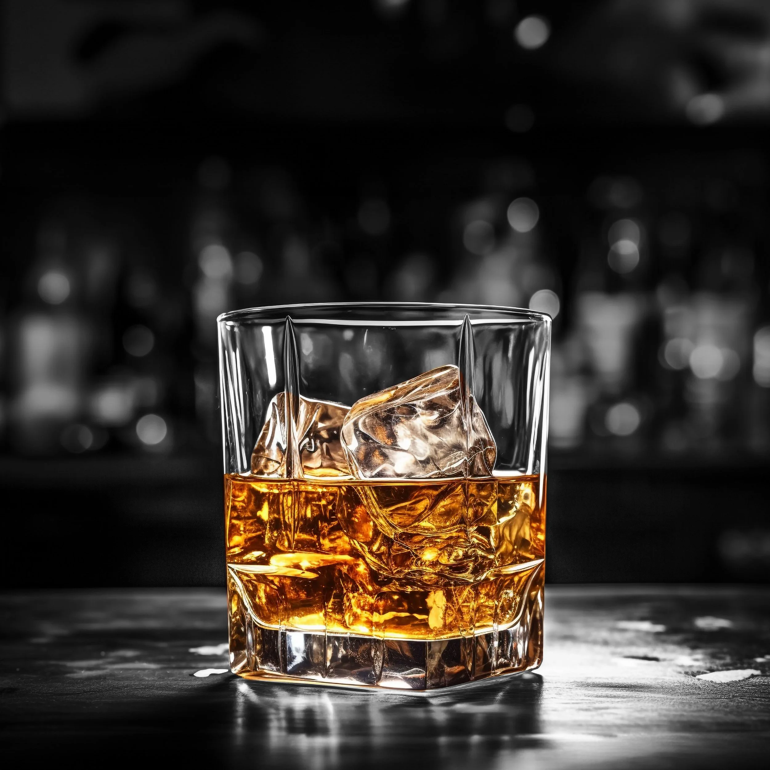 Whisky on the rocks serverad med stora isbitar i rocksglas mot mörk bakgrund.