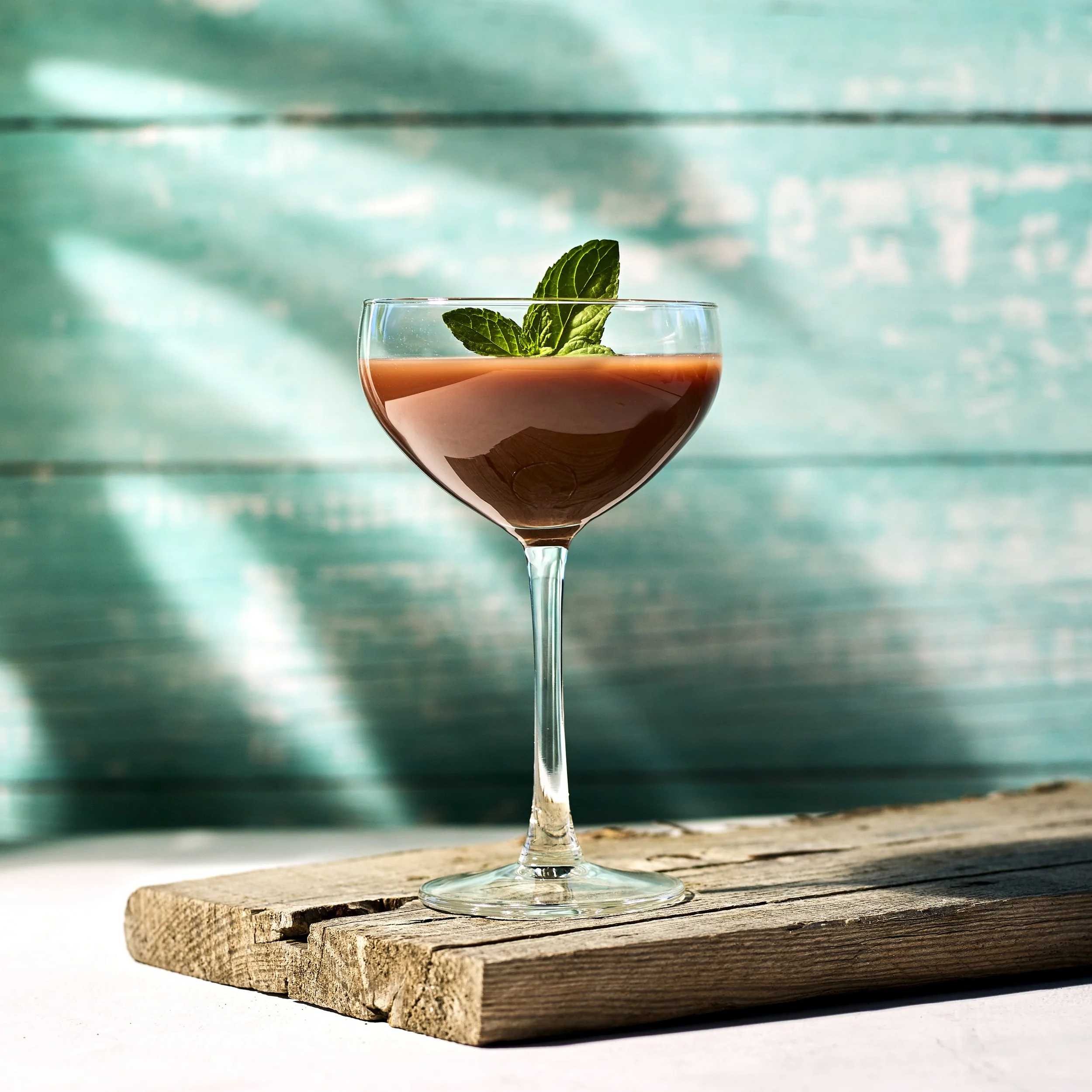 Caribbean Choco cocktail med choklad och mynta i coupeglas mot turkos träbakgrund.