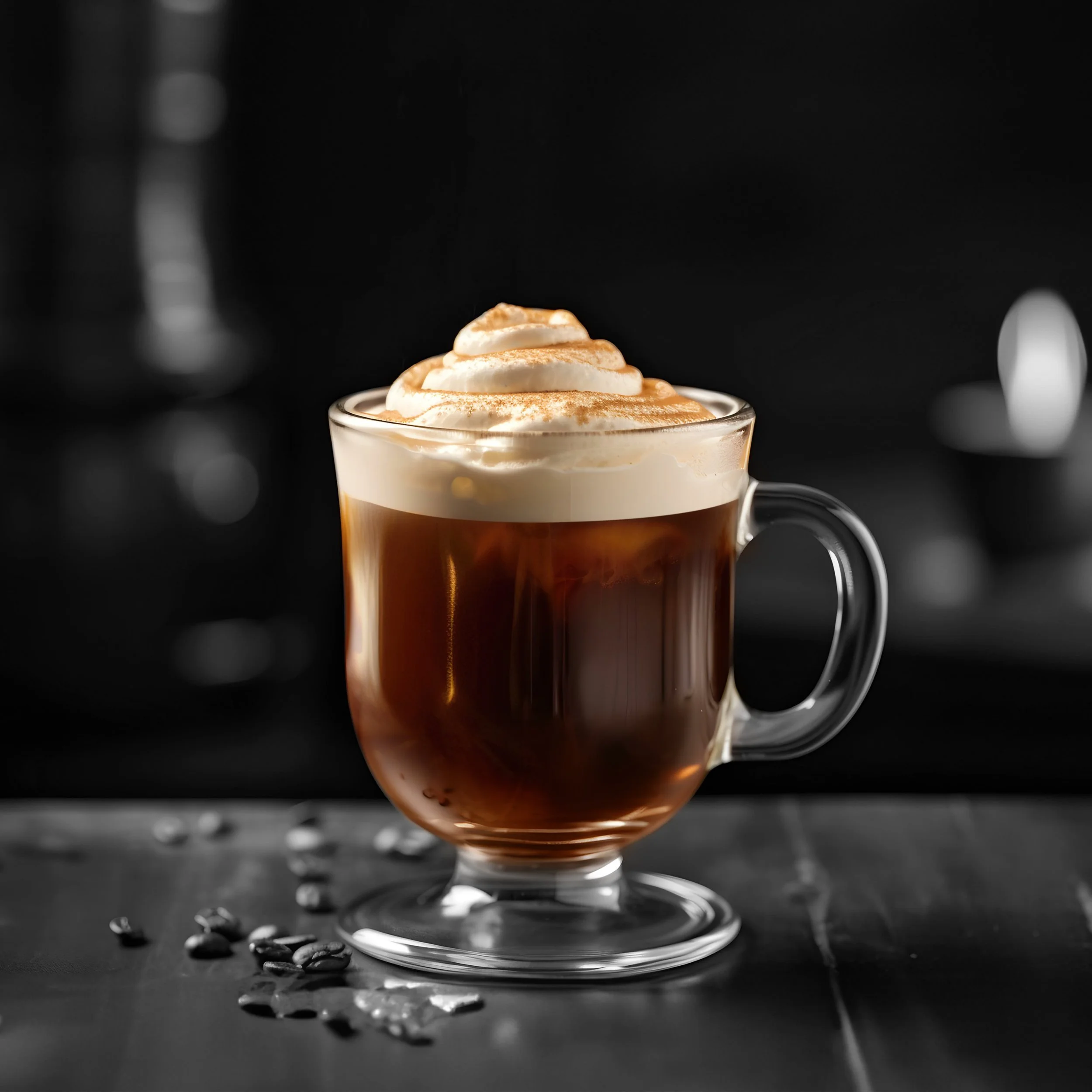 Scotch Whisky Coffee med grädde i glasmugg mot mörk bakgrund.