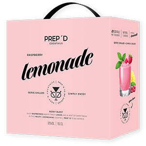 Prep’d Cocktails Raspberry Lemonade – färdigblandad cocktail på rosa box med hallon och citron.